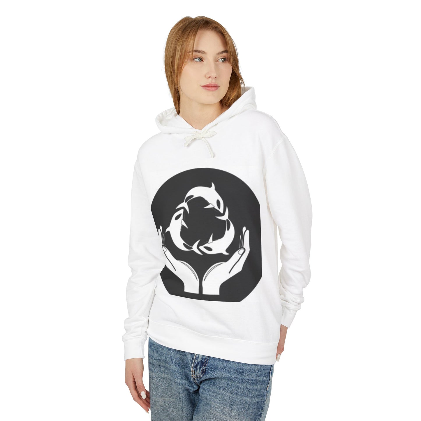 Eco-Friendly Unisex Lightweight Hooded Sweatshirt - Hands and Fish Design