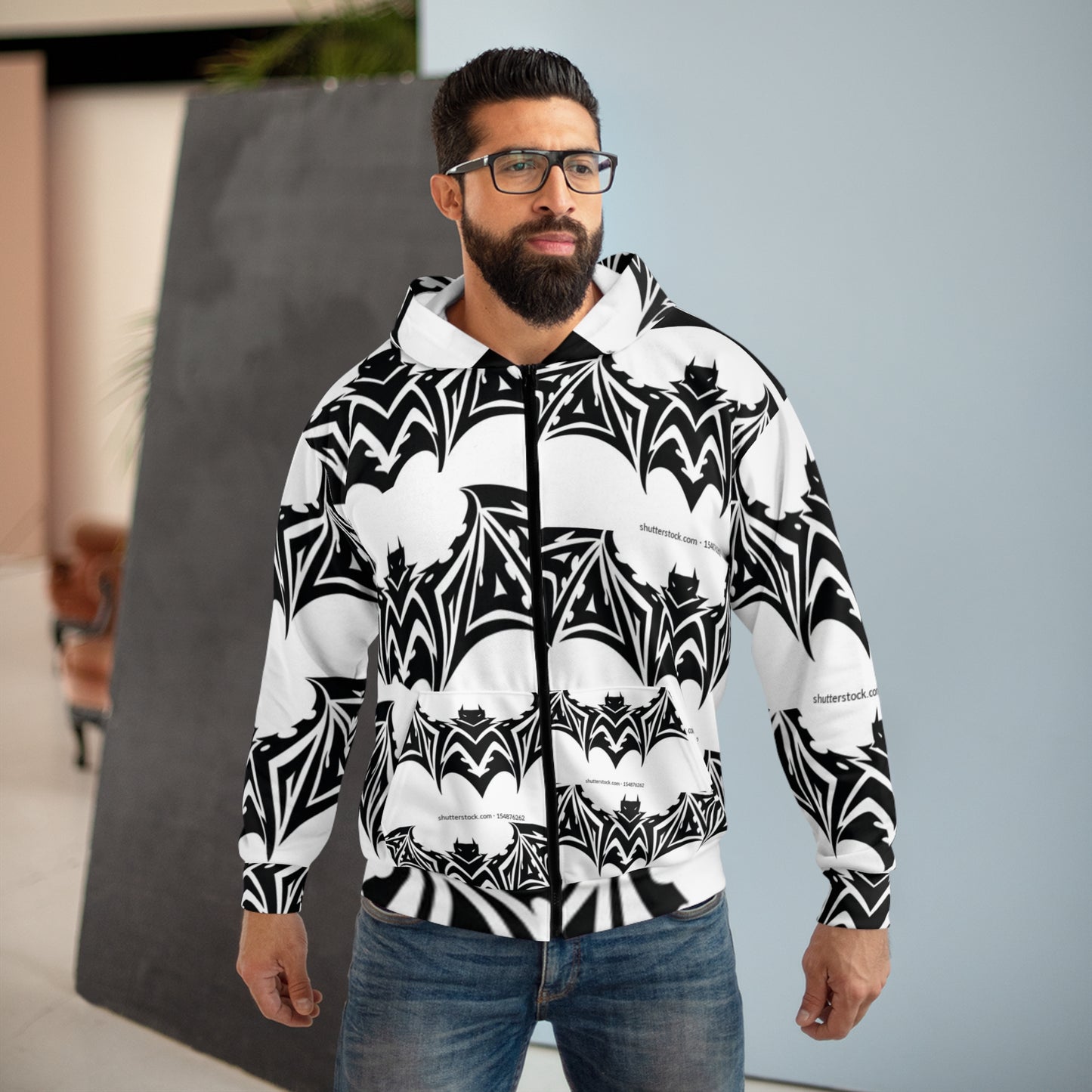 Gothic Bat Print Unisex Zip Hoodie | Spooky Style for Halloween & Casual Wear