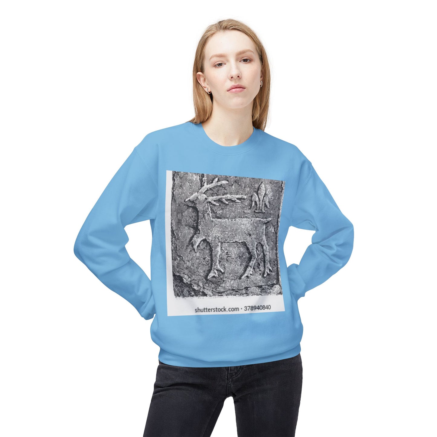 Vintage-Inspired Fleece Crewneck Sweatshirt with Ancient Deer Design