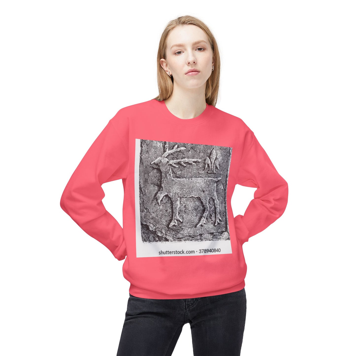 Vintage-Inspired Fleece Crewneck Sweatshirt with Ancient Deer Design