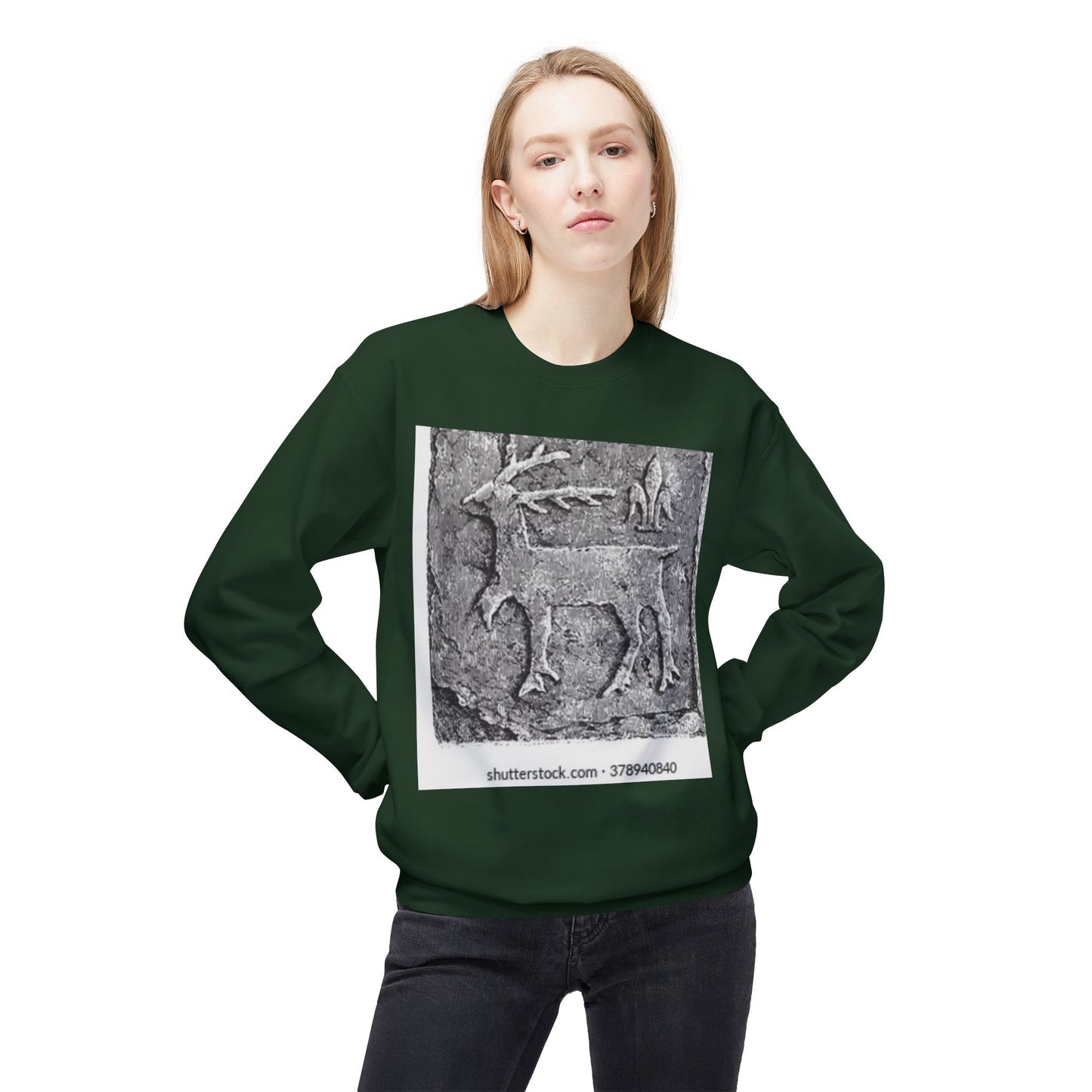 Vintage-Inspired Fleece Crewneck Sweatshirt with Ancient Deer Design