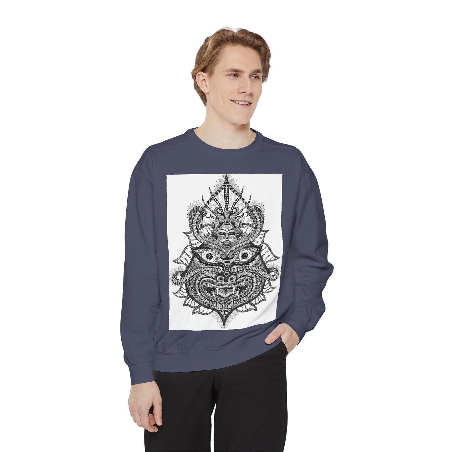 Unique Unisex Garment-Dyed Sweatshirt with Intricate Graphic Design