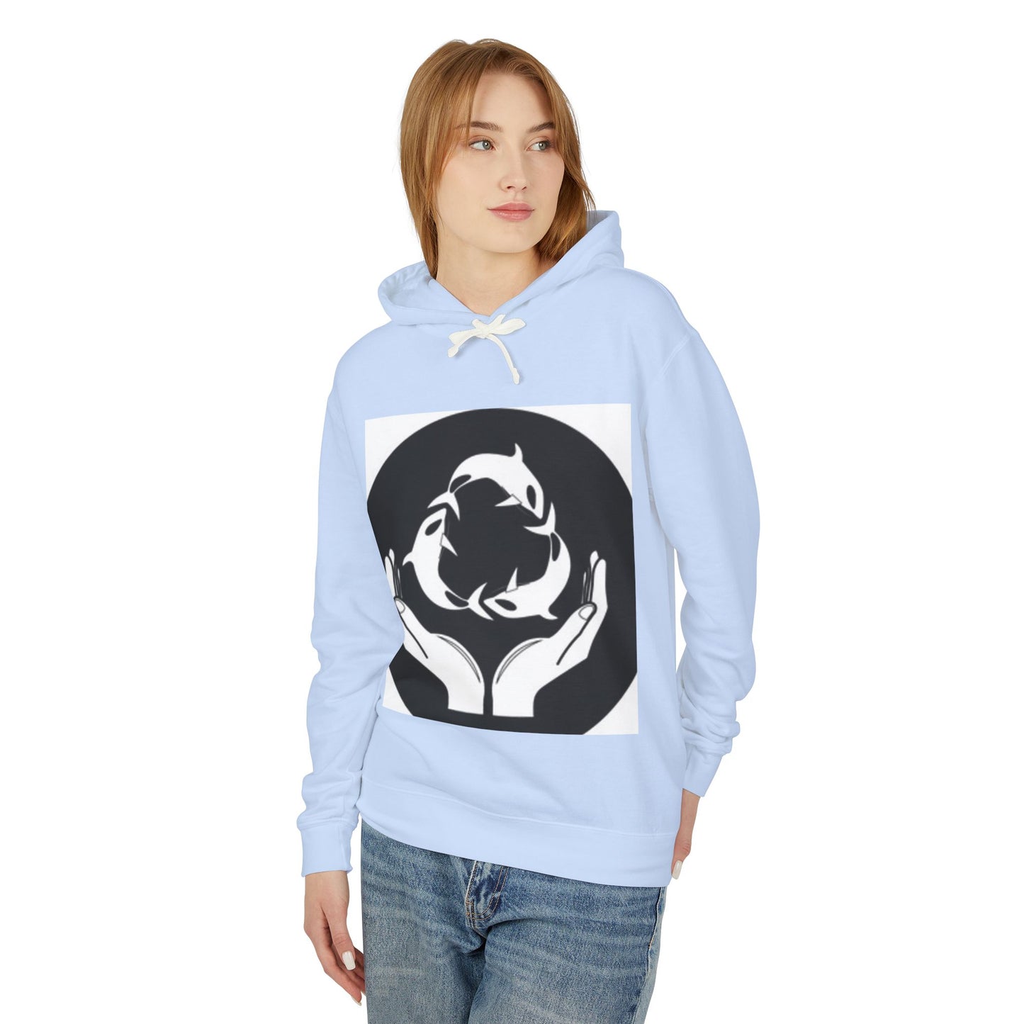 Eco-Friendly Unisex Lightweight Hooded Sweatshirt - Hands and Fish Design