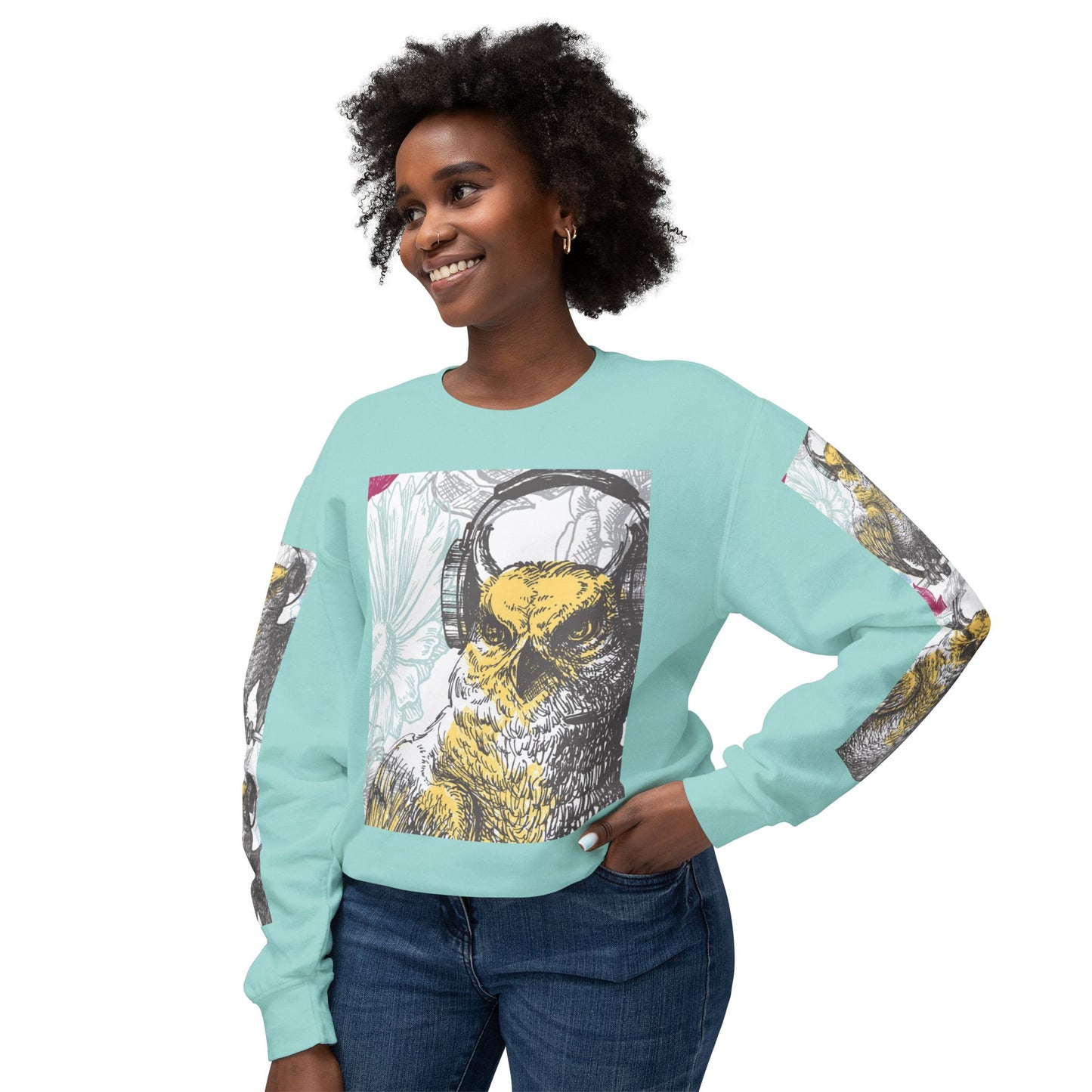 Music Lover's Owl Graphic Crewneck Sweatshirt - Unisex Lightweight Design