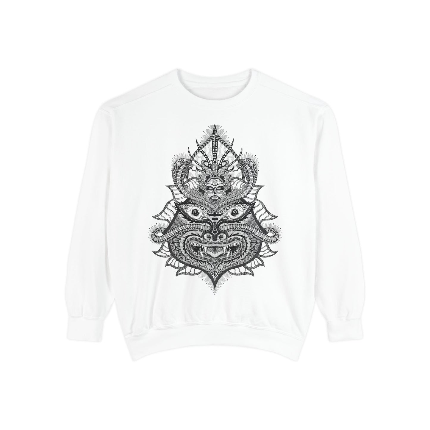 Unique Unisex Garment-Dyed Sweatshirt with Intricate Graphic Design