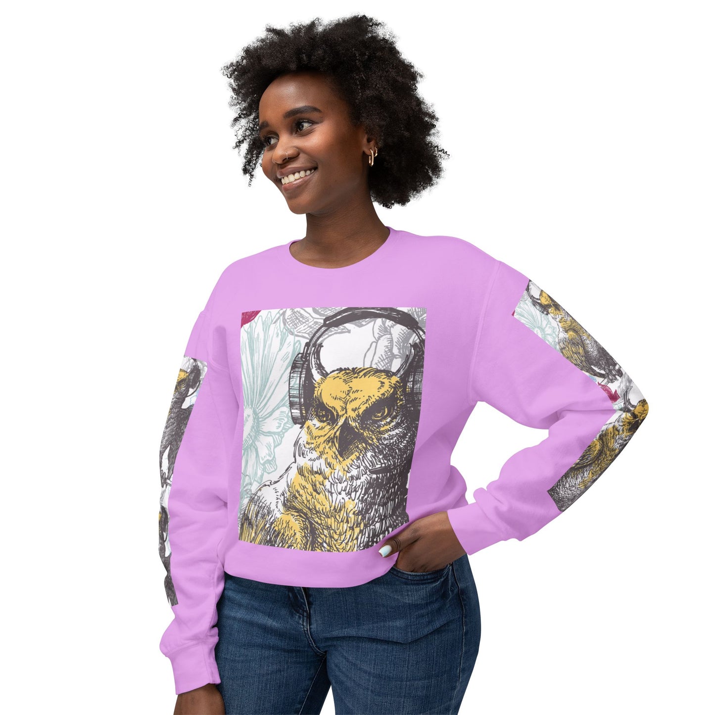 Music Lover's Owl Graphic Crewneck Sweatshirt - Unisex Lightweight Design
