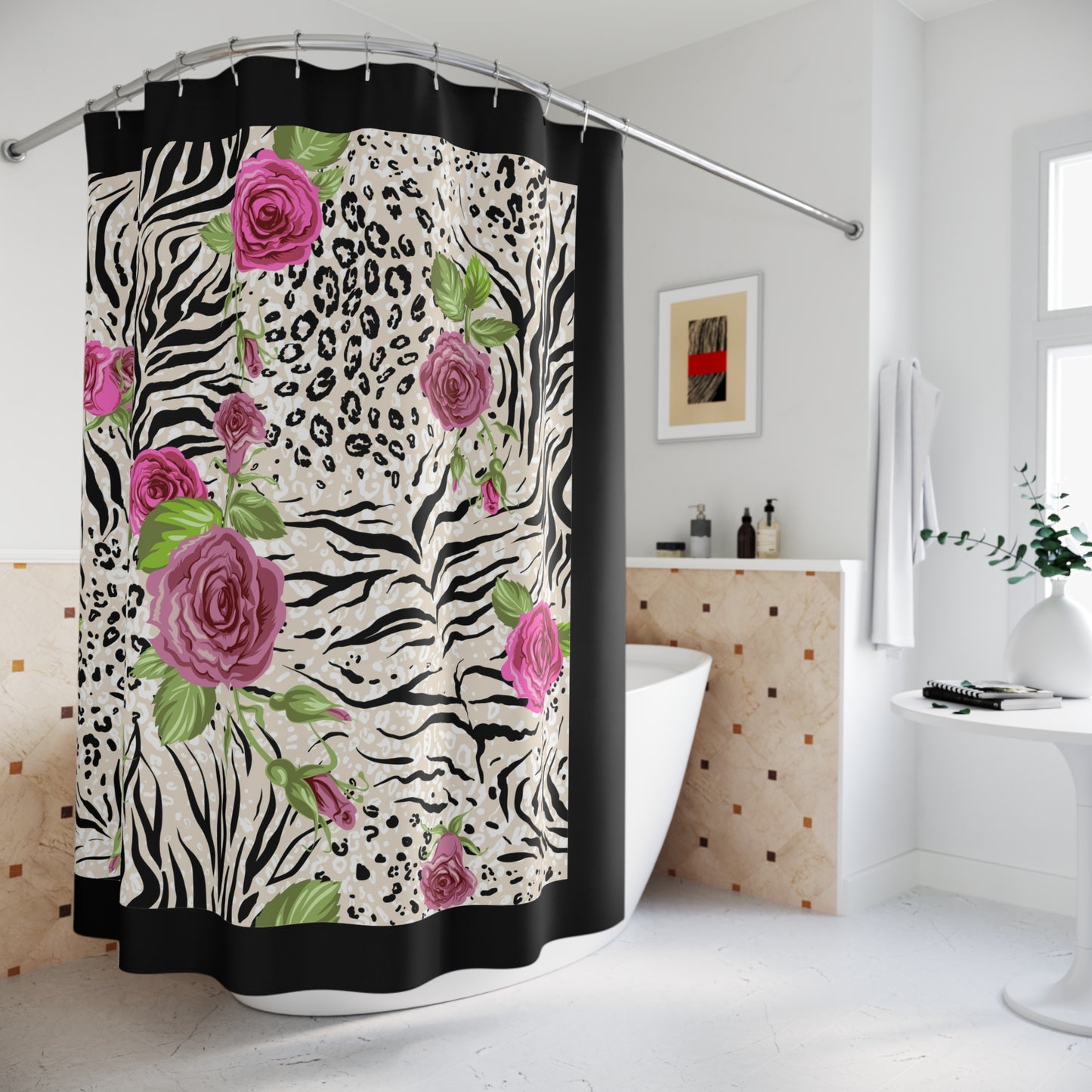 Elegant Floral Animal Print Shower Curtain - Exotic Chic Bath Decor