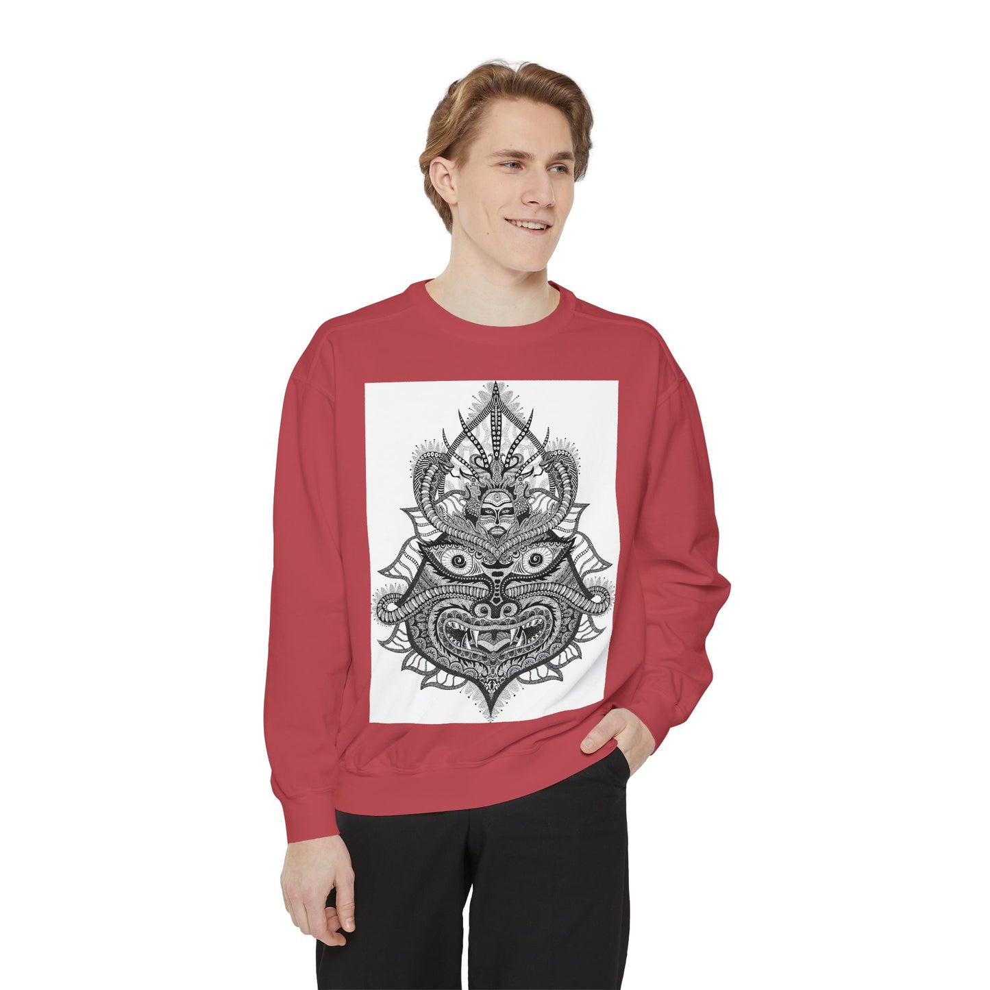 Unique Unisex Garment-Dyed Sweatshirt with Intricate Graphic Design