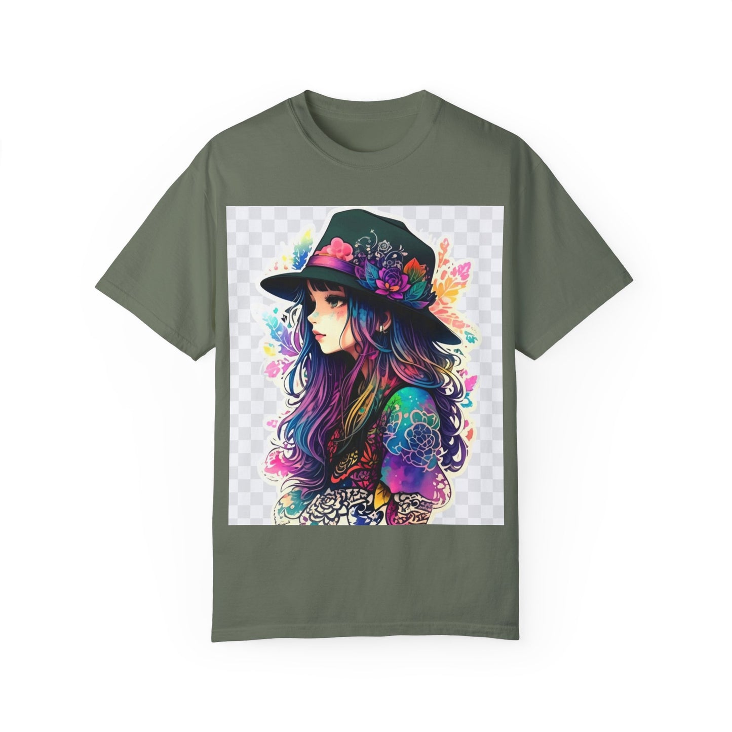 Vibrant Bohemian T-Shirt with Colorful Tattooed Girl Design