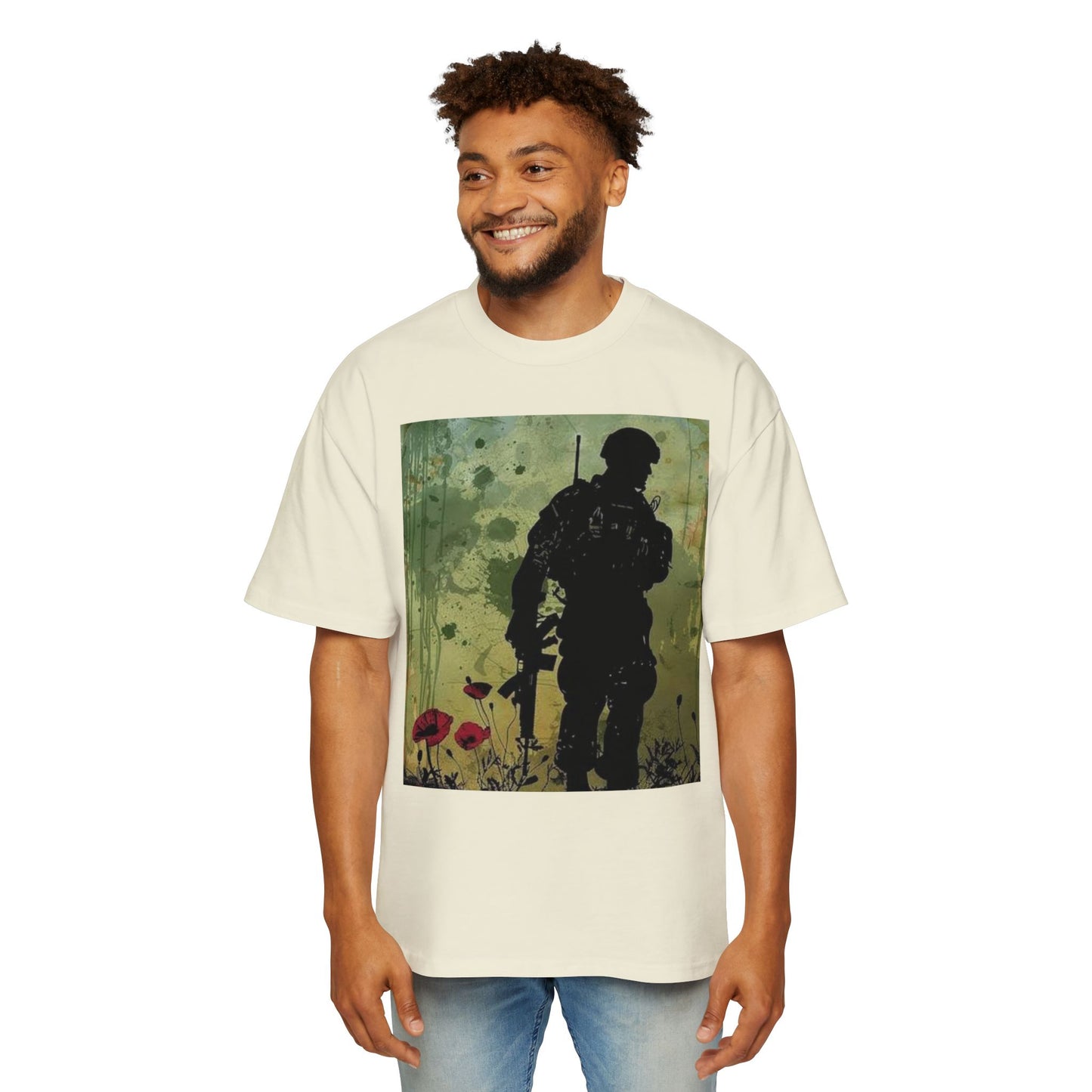 Soldier Silhouette Oversized Tee - Men's Heavy T-Shirt for Veterans and Military Enthusiasts
