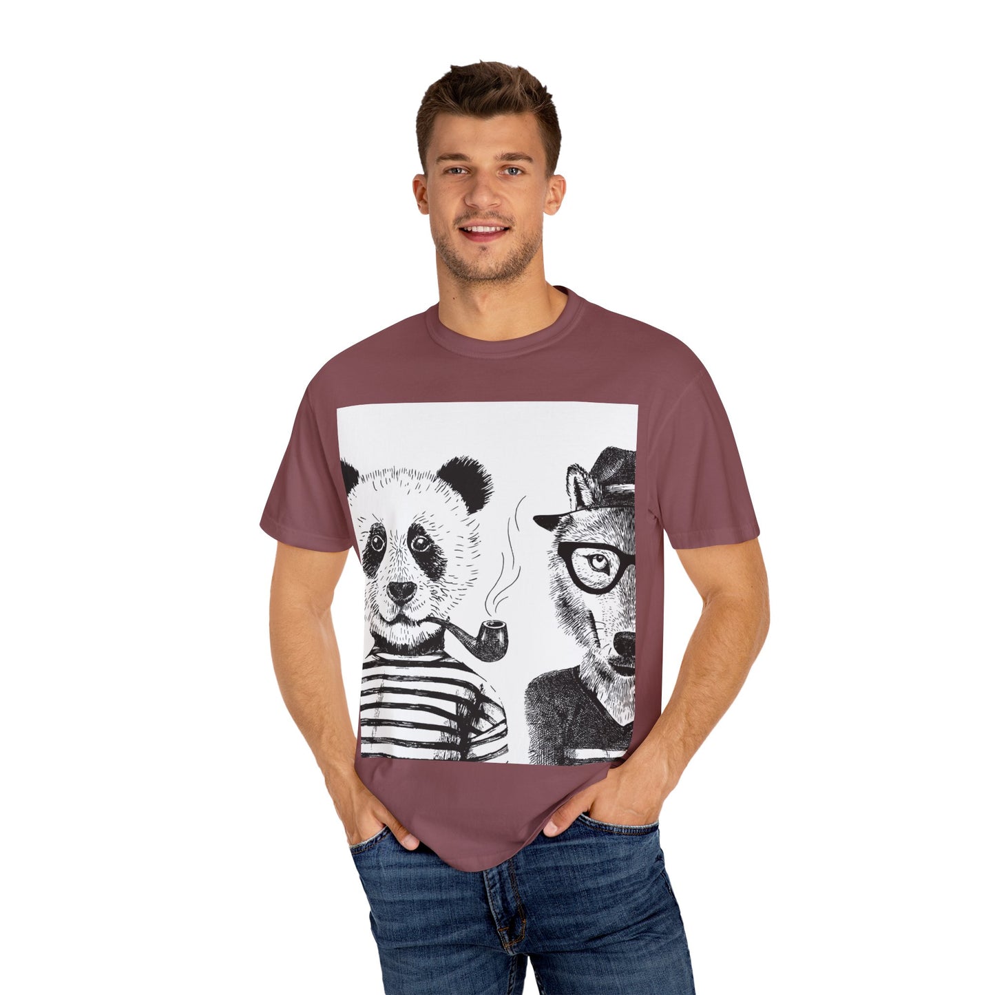 Whimsical Animal Friends T-Shirt - Stylish Panda & Wolf Design