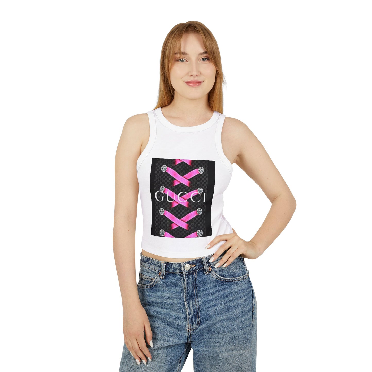 Stylish Women's Micro Rib Racer Tank Top with Pink Laces Design