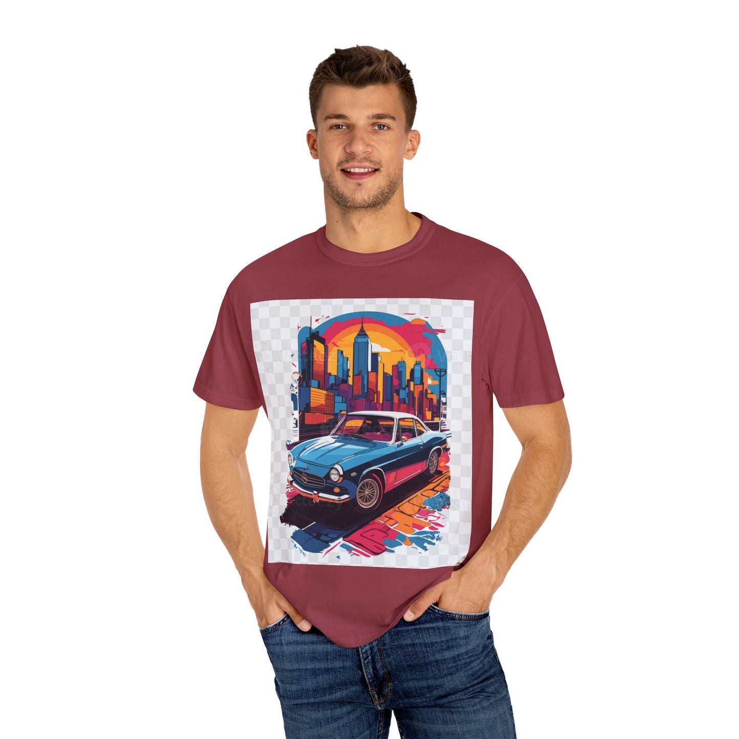 Retro Car Graphic Unisex T-Shirt - Colorful Cityscape Design