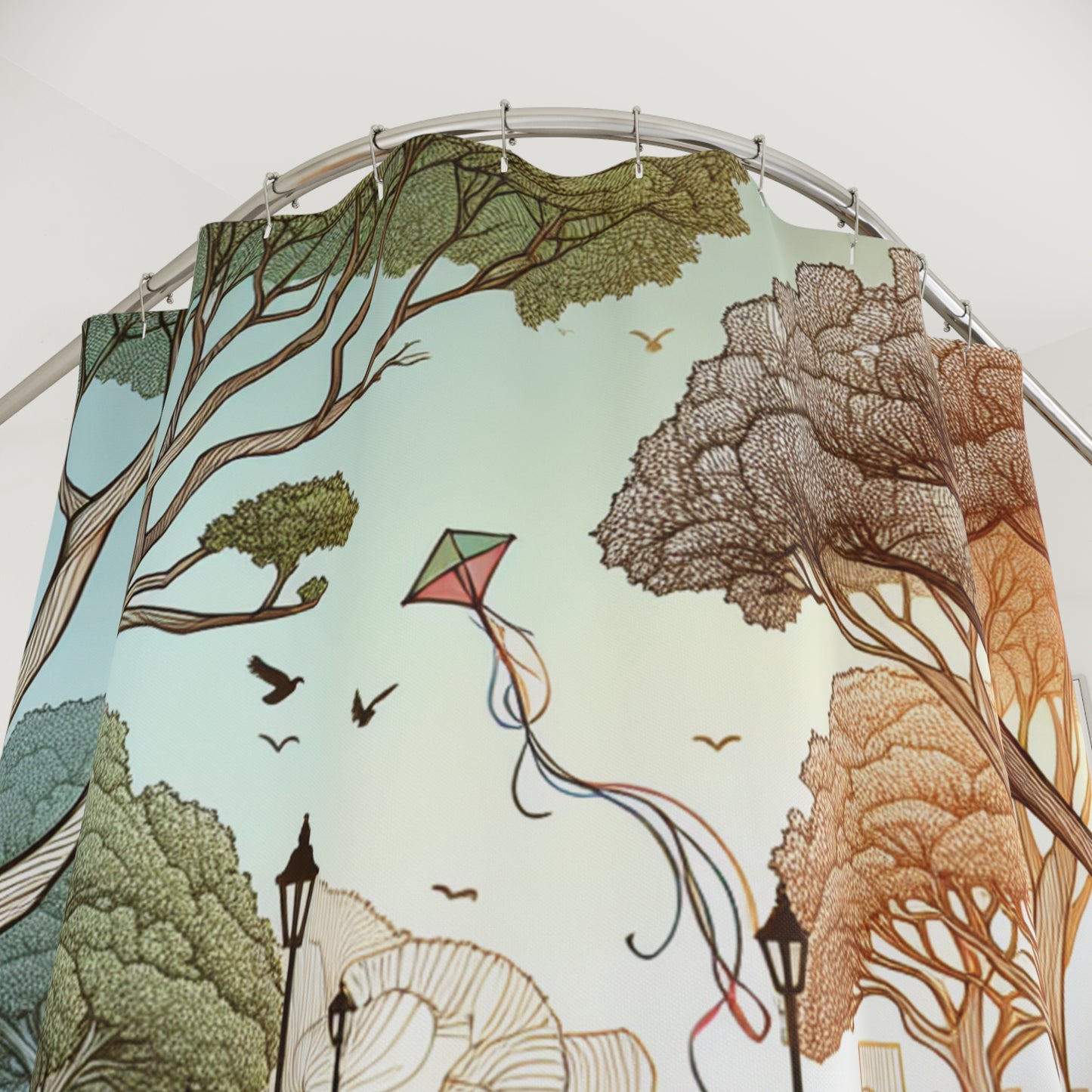 Nature Pathway Shower Curtain - Scenic Park View with Kites and Trees