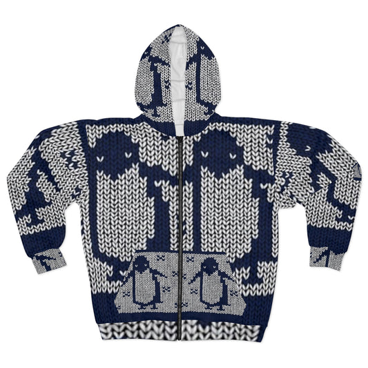 Cozy Penguin Knit Unisex Zip Hoodie - Perfect for Winter Adventures