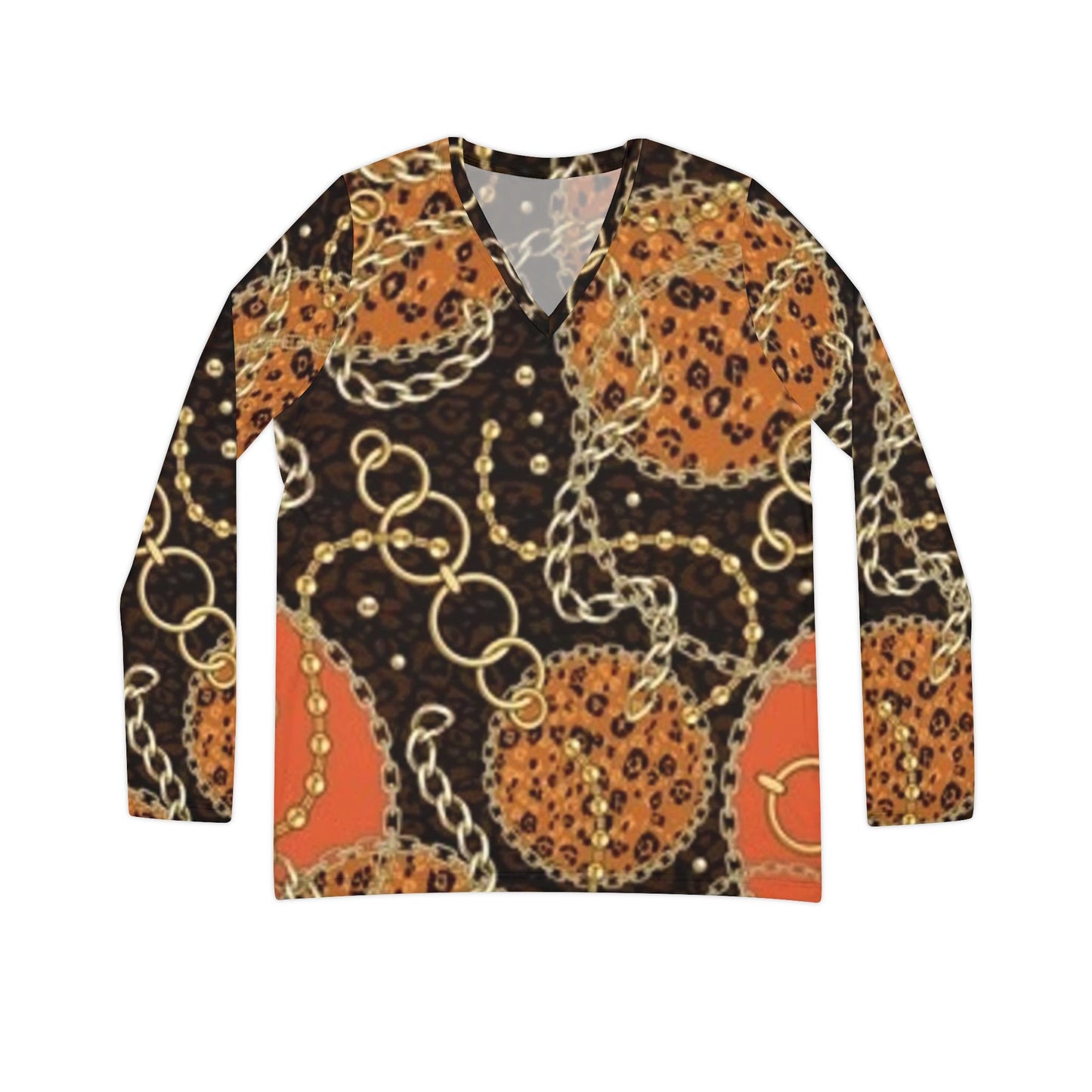 Chic Women's Long Sleeve V-Neck Shirt with Leopard Print & Gold Chain Design