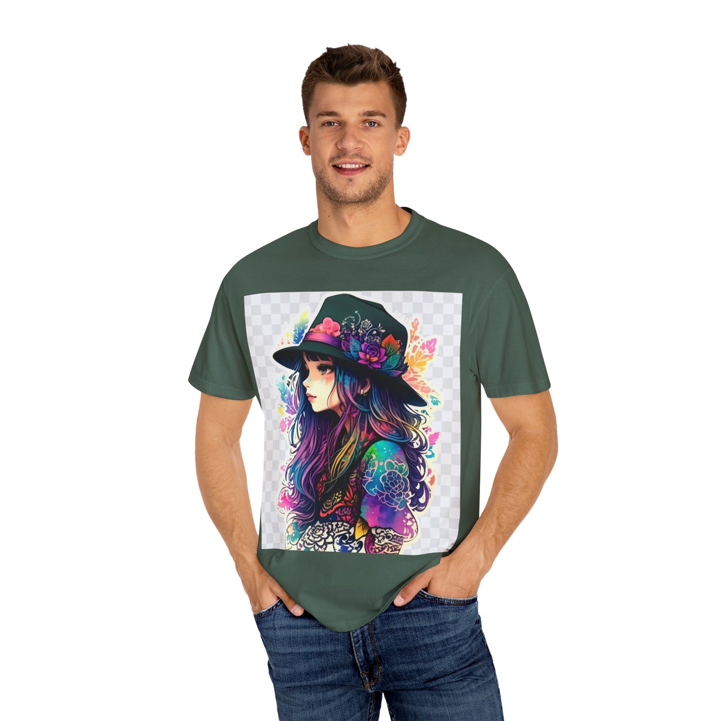Vibrant Bohemian T-Shirt with Colorful Tattooed Girl Design