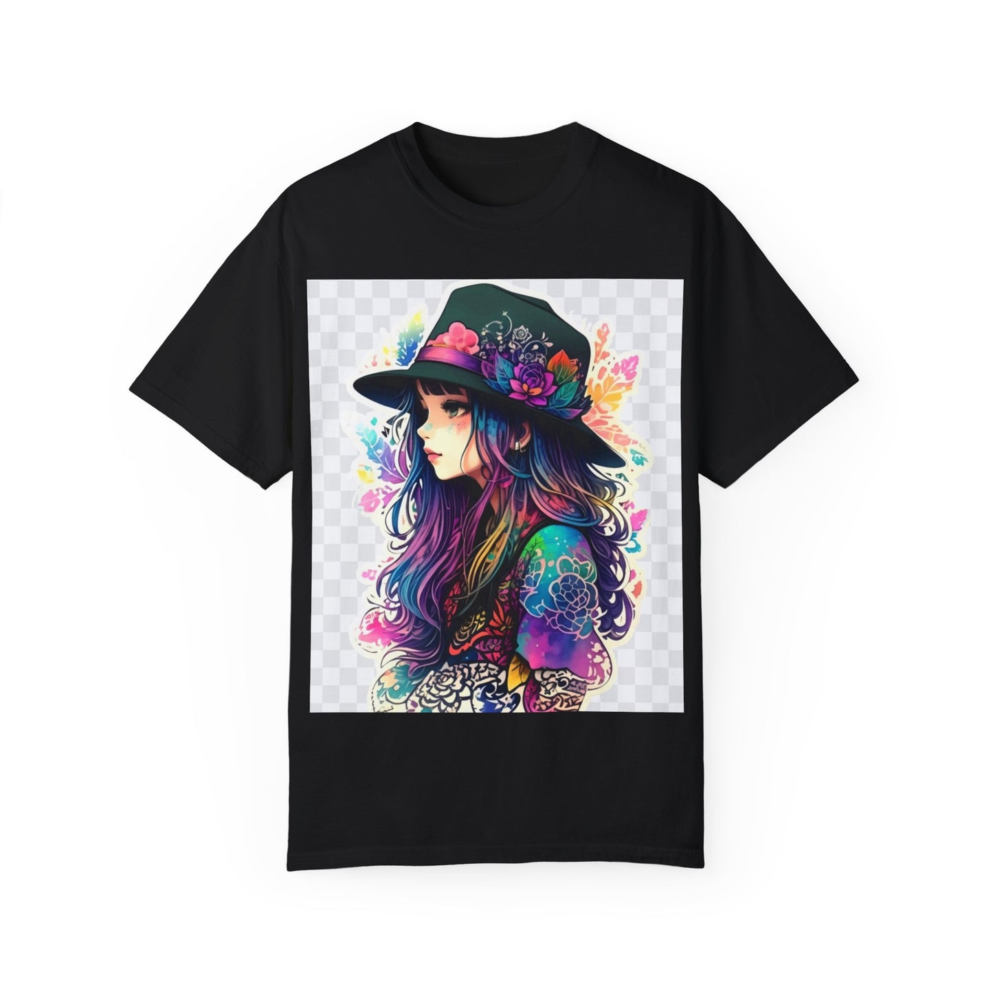 Vibrant Bohemian T-Shirt with Colorful Tattooed Girl Design