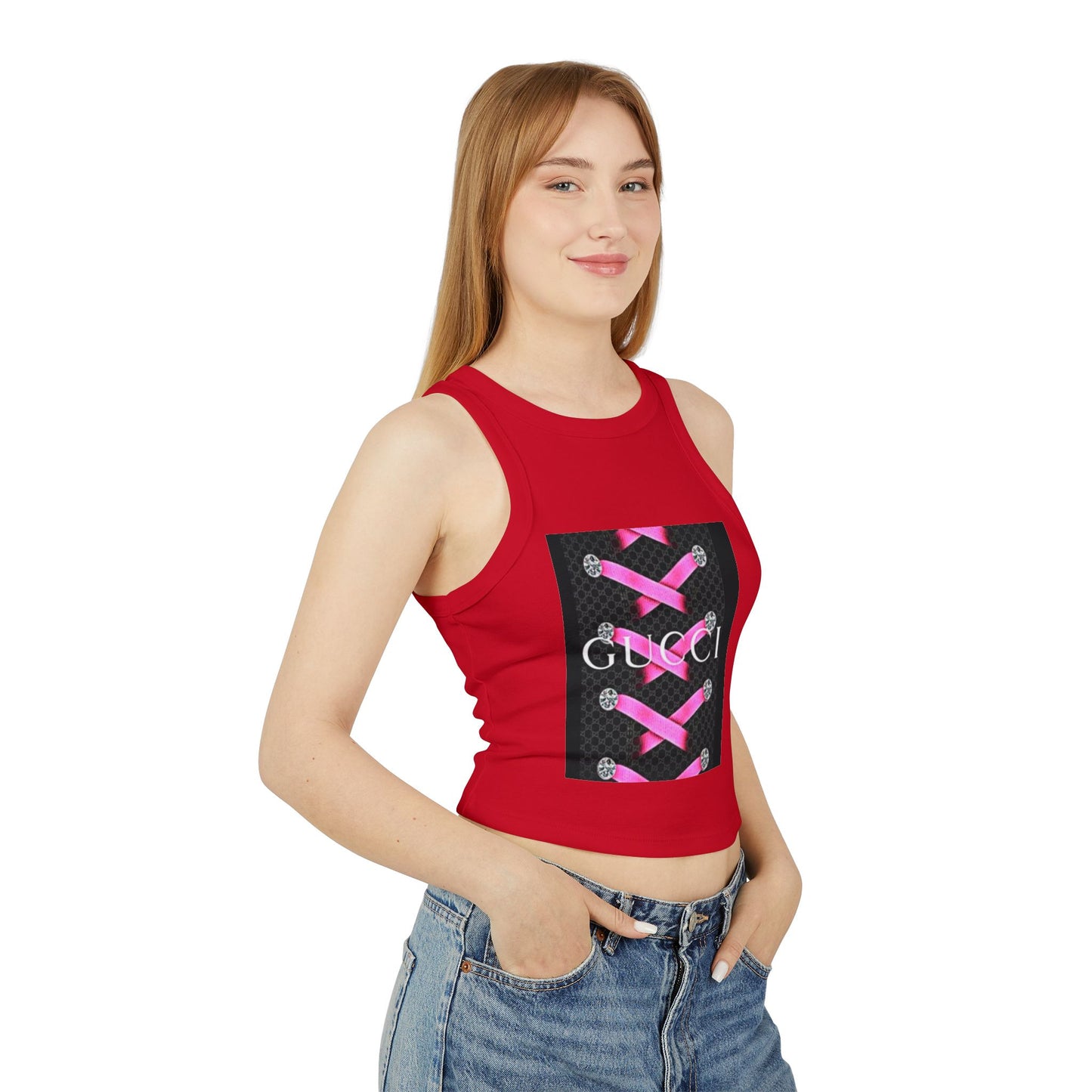 Stylish Women's Micro Rib Racer Tank Top with Pink Laces Design