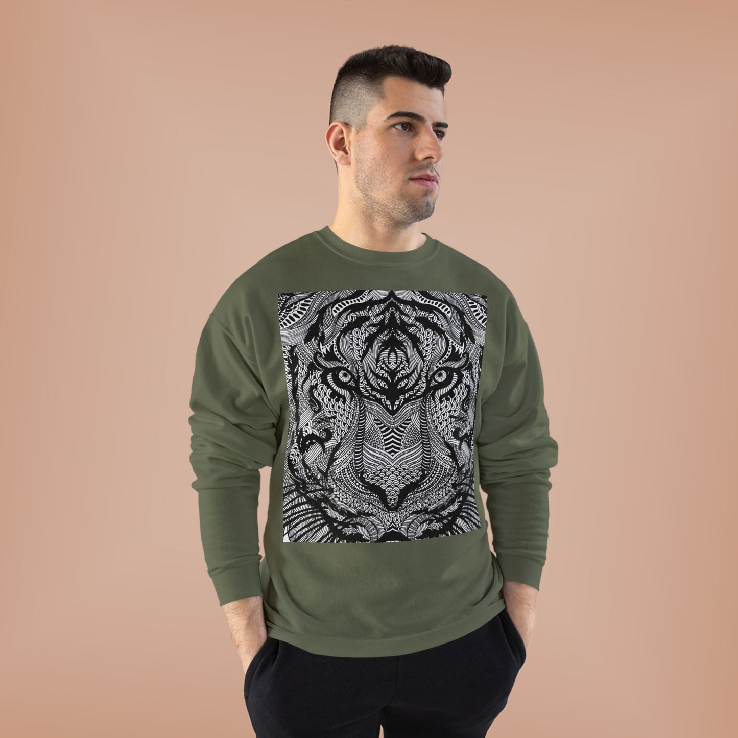 Unisex EcoSmart Tiger Graphic Crewneck Sweatshirt - Bold Black & White Design