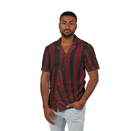 Men's Hawaiian Camp Shirt - Bold Red and Black Striped Design
