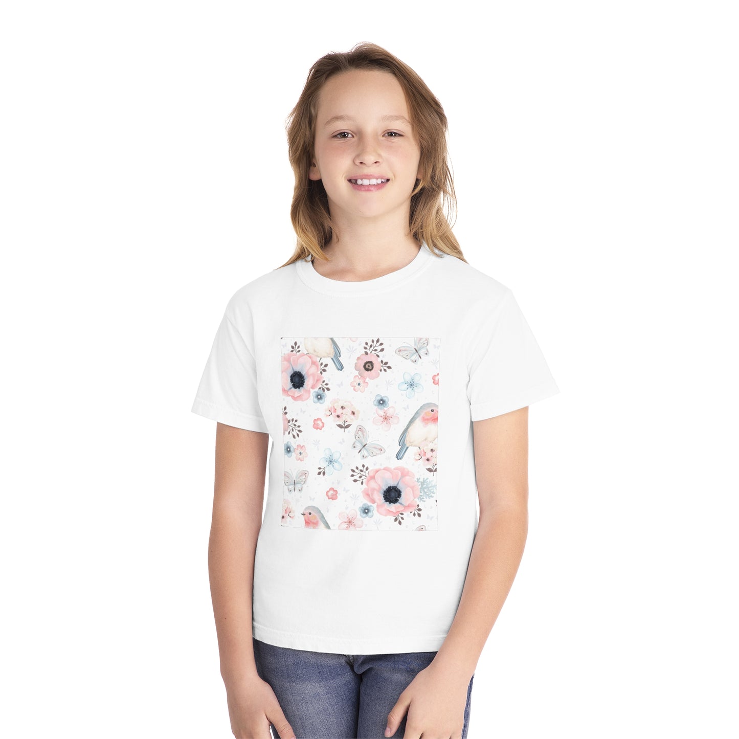 Floral Bird Youth Tee - Soft Midweight T-Shirt for Nature Lovers