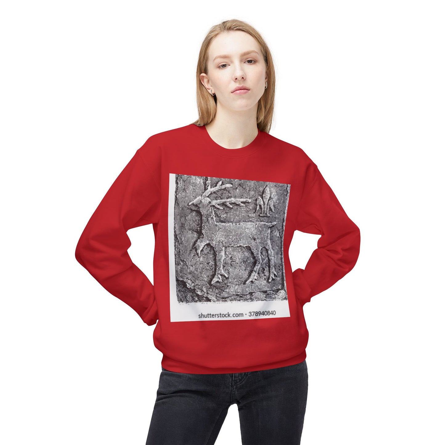 Vintage-Inspired Fleece Crewneck Sweatshirt with Ancient Deer Design