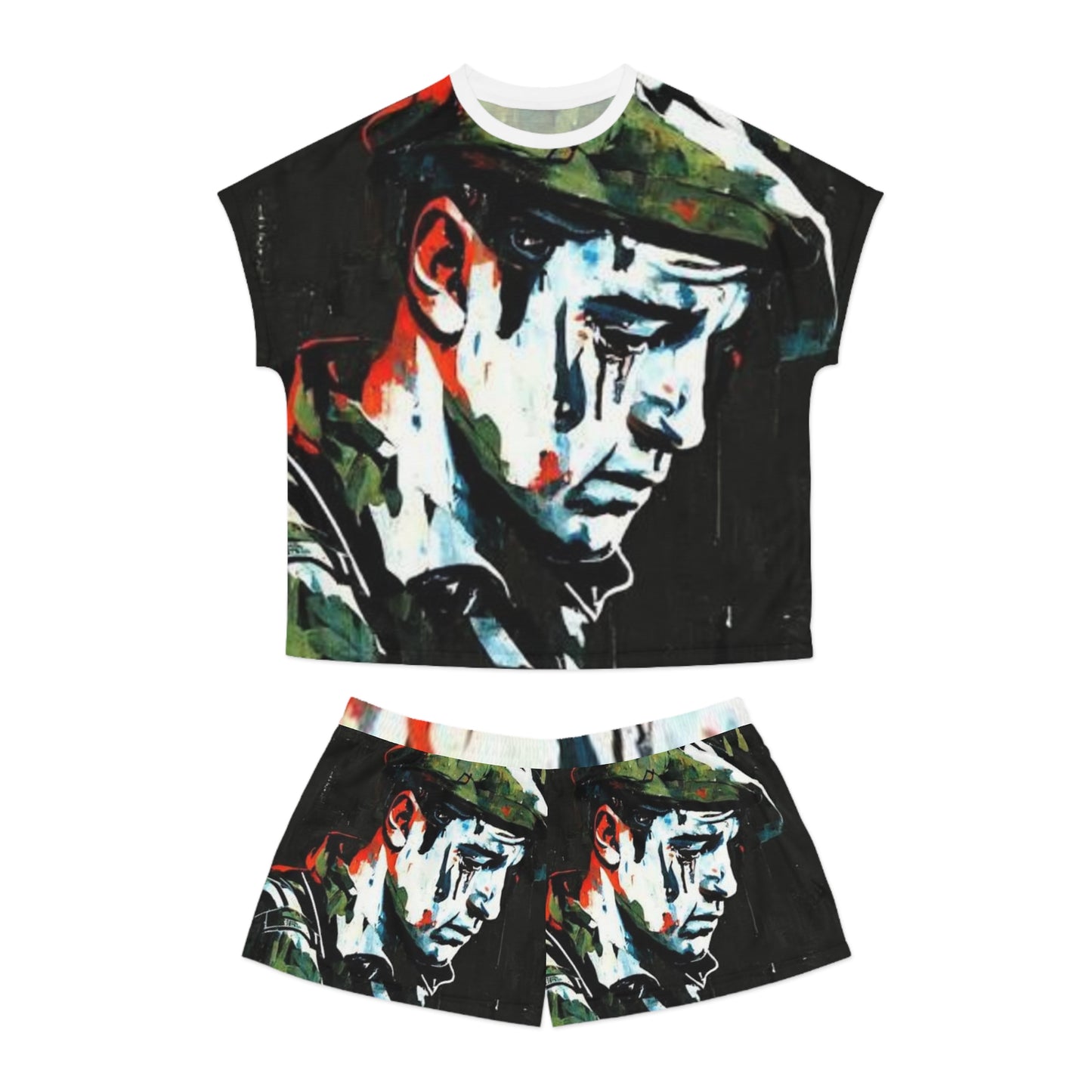 Artistic Women's Short Pajama Set - Emotional Portrait Design
