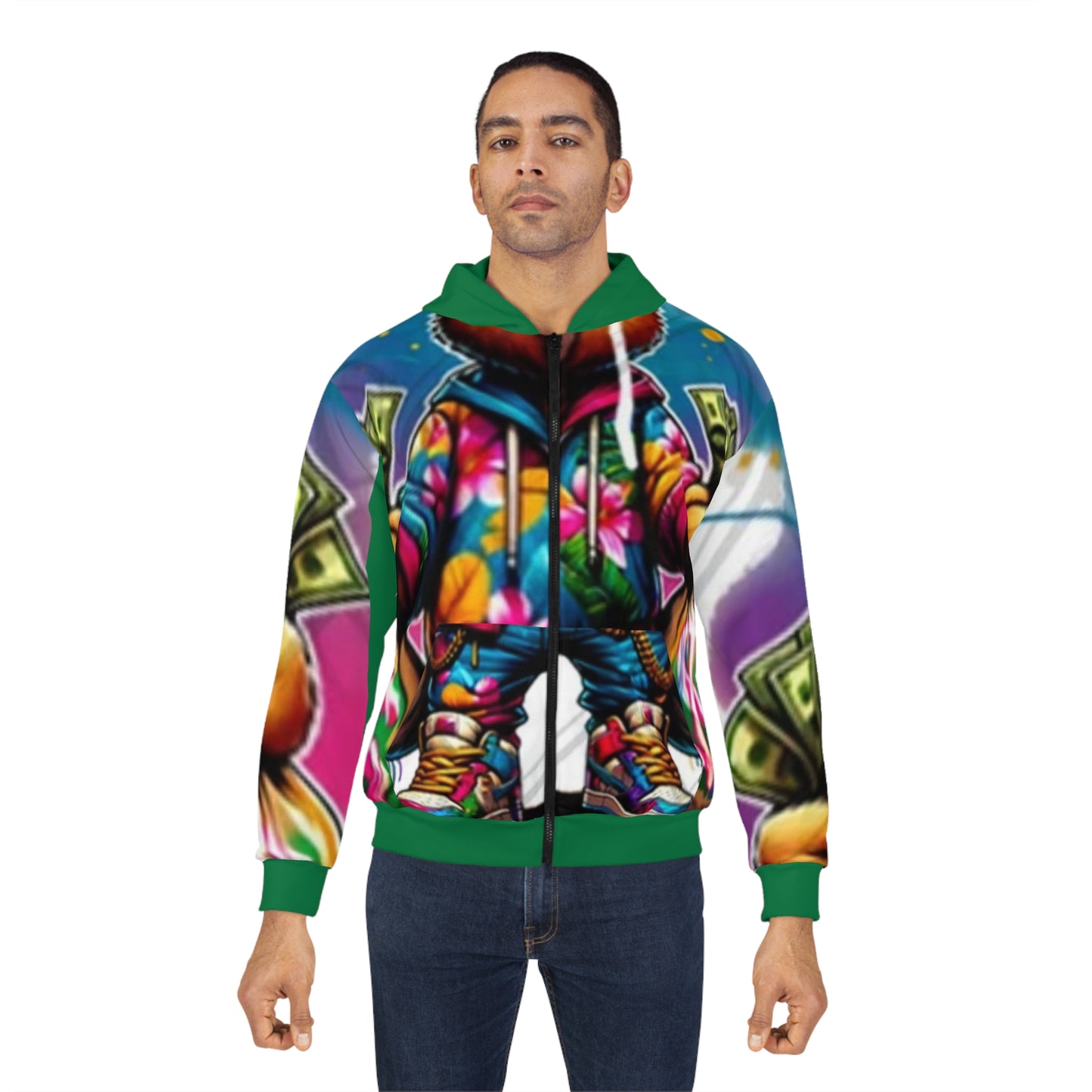 Gangster Bear Unisex Zip Hoodie - Floral Design & Money Bags