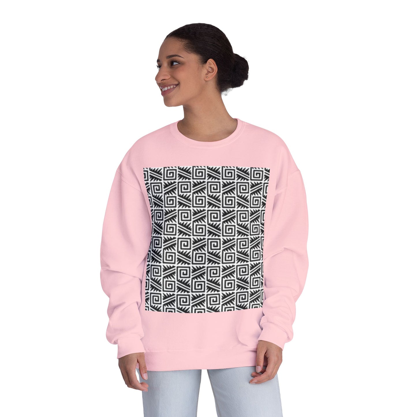 Geometric Pattern Unisex Crewneck Sweatshirt - Cozy Black & White Style