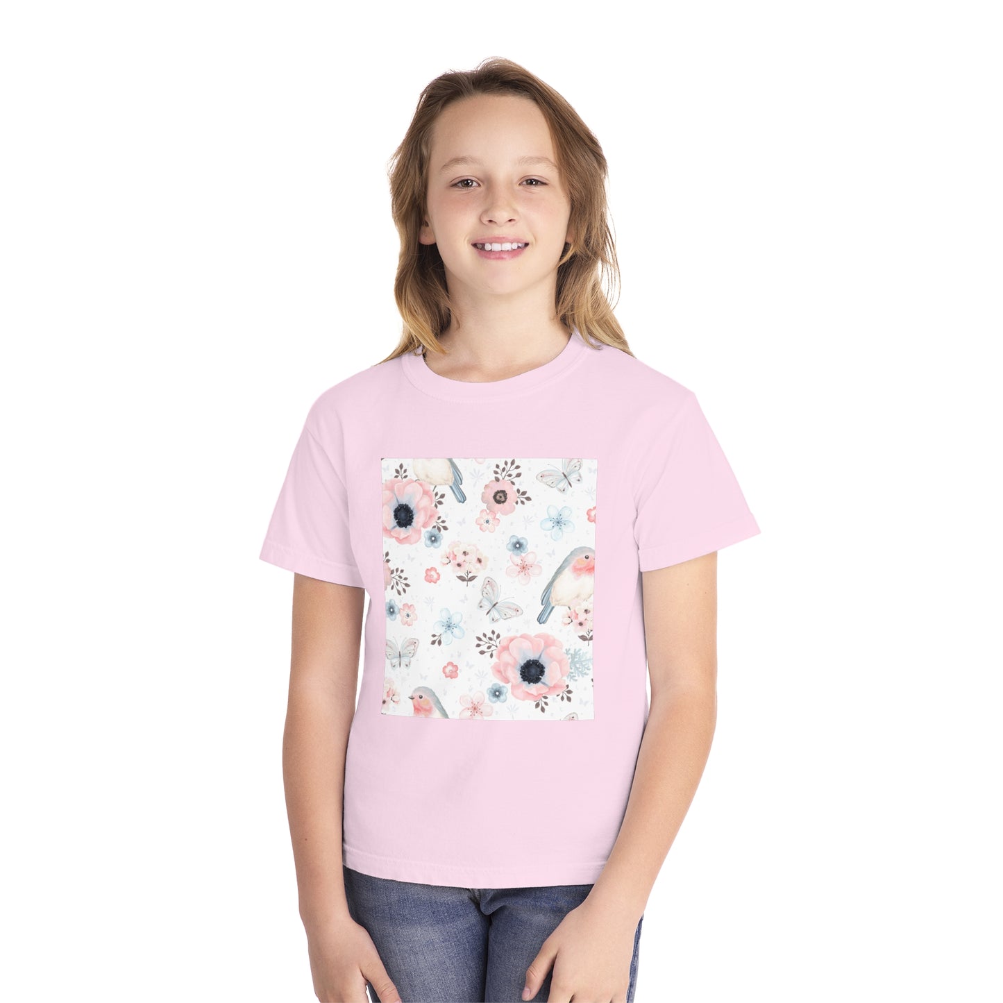 Floral Bird Youth Tee - Soft Midweight T-Shirt for Nature Lovers