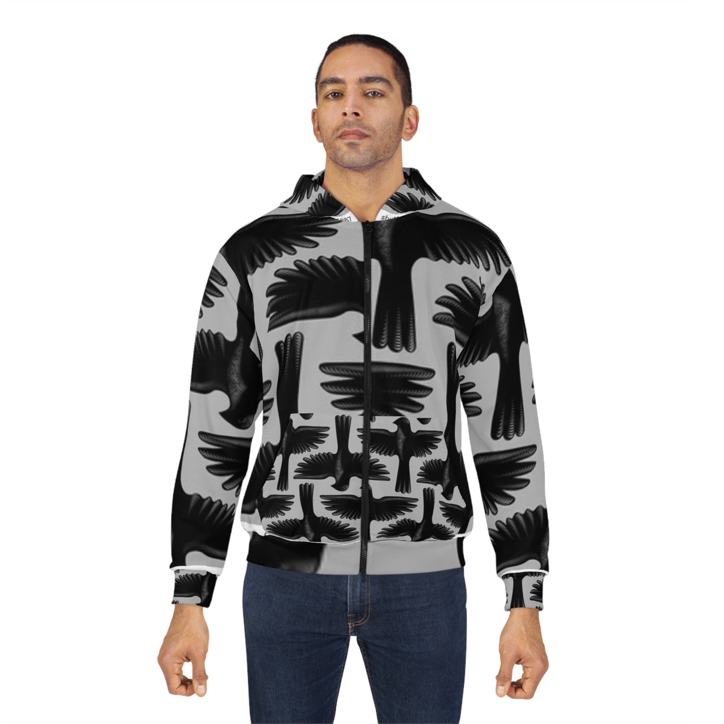 Stylish Black & Grey Bird Graphic Unisex Zip Hoodie
