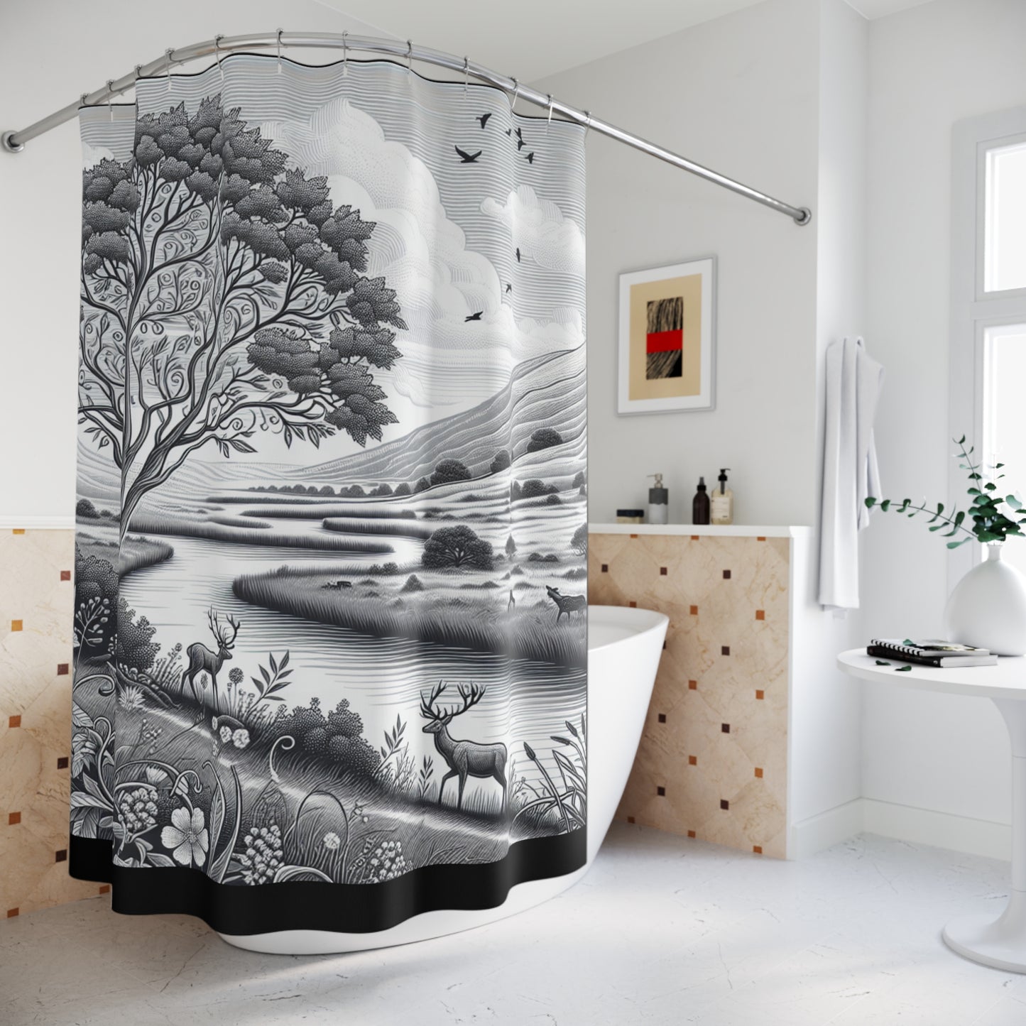 Nature-Inspired Shower Curtain with Scenic Landscape Design