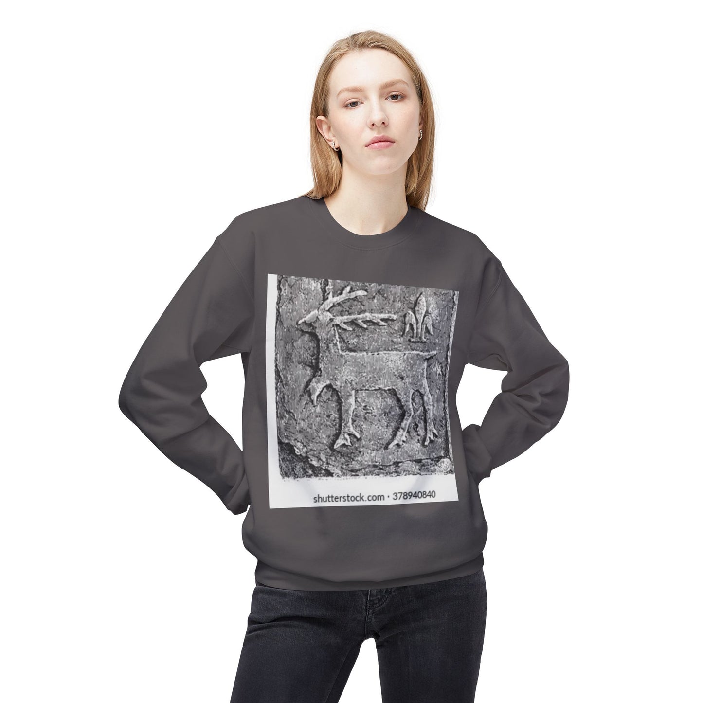 Vintage-Inspired Fleece Crewneck Sweatshirt with Ancient Deer Design