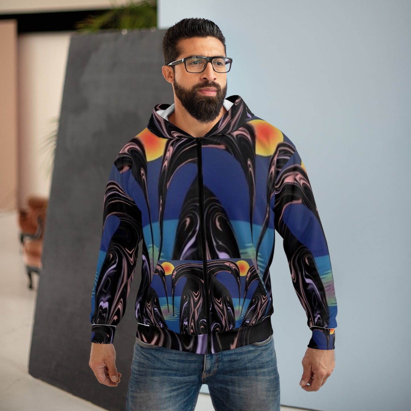 Abstract Art Unisex Zip Hoodie - Colorful Sunset Design