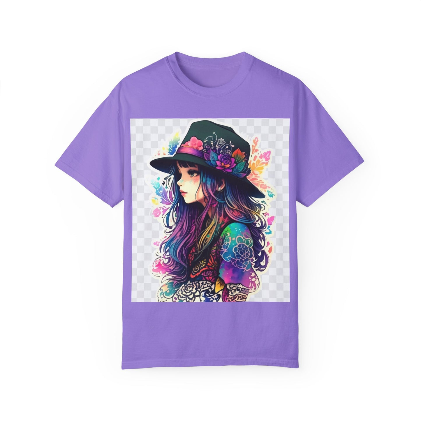 Vibrant Bohemian T-Shirt with Colorful Tattooed Girl Design