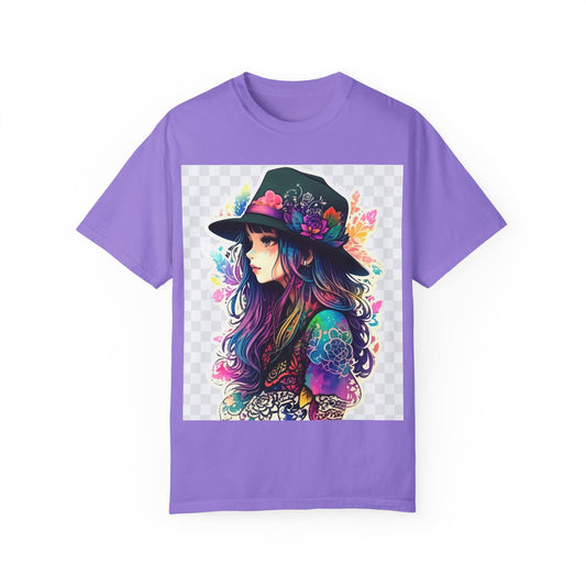 Vibrant Bohemian T-Shirt with Colorful Tattooed Girl Design