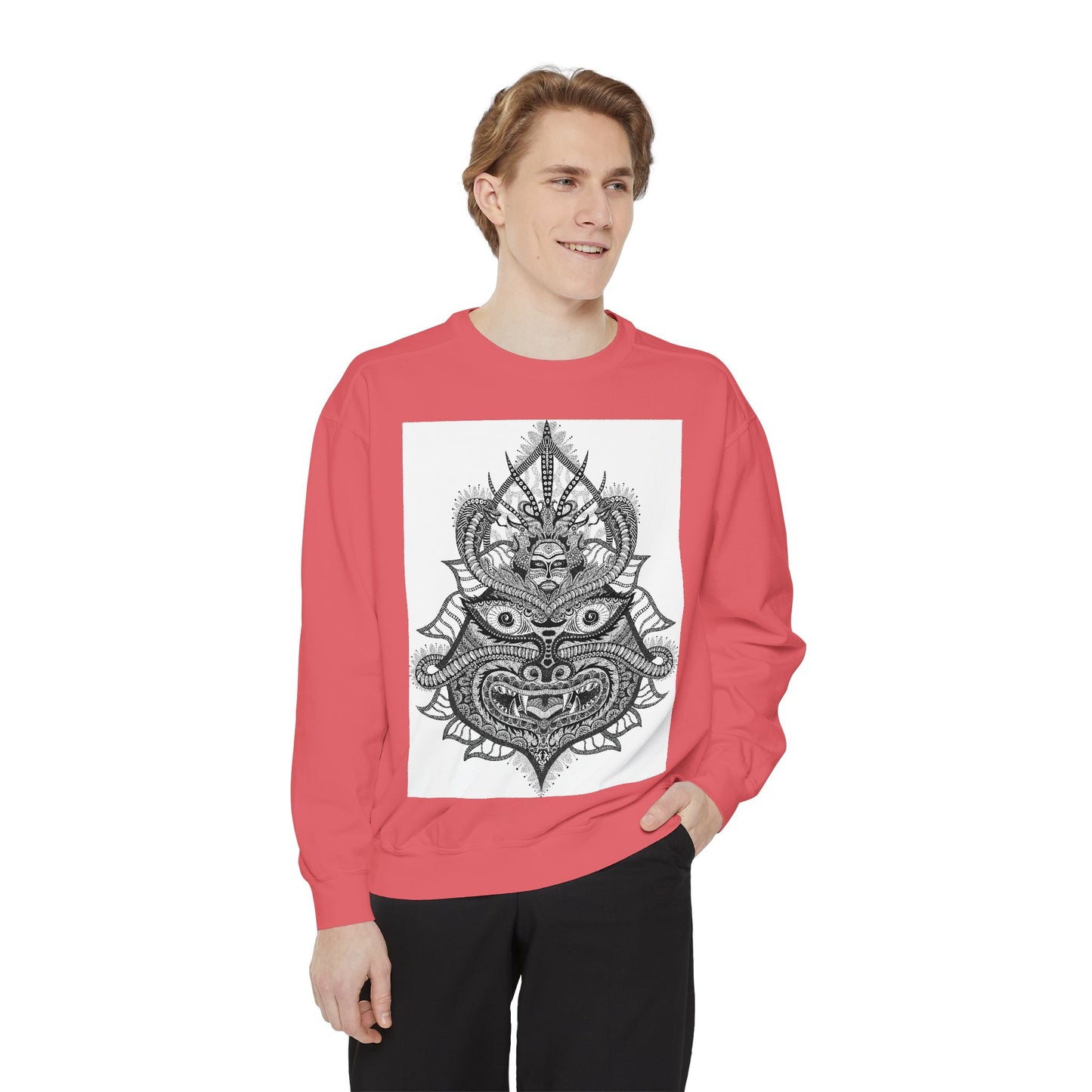 Unique Unisex Garment-Dyed Sweatshirt with Intricate Graphic Design