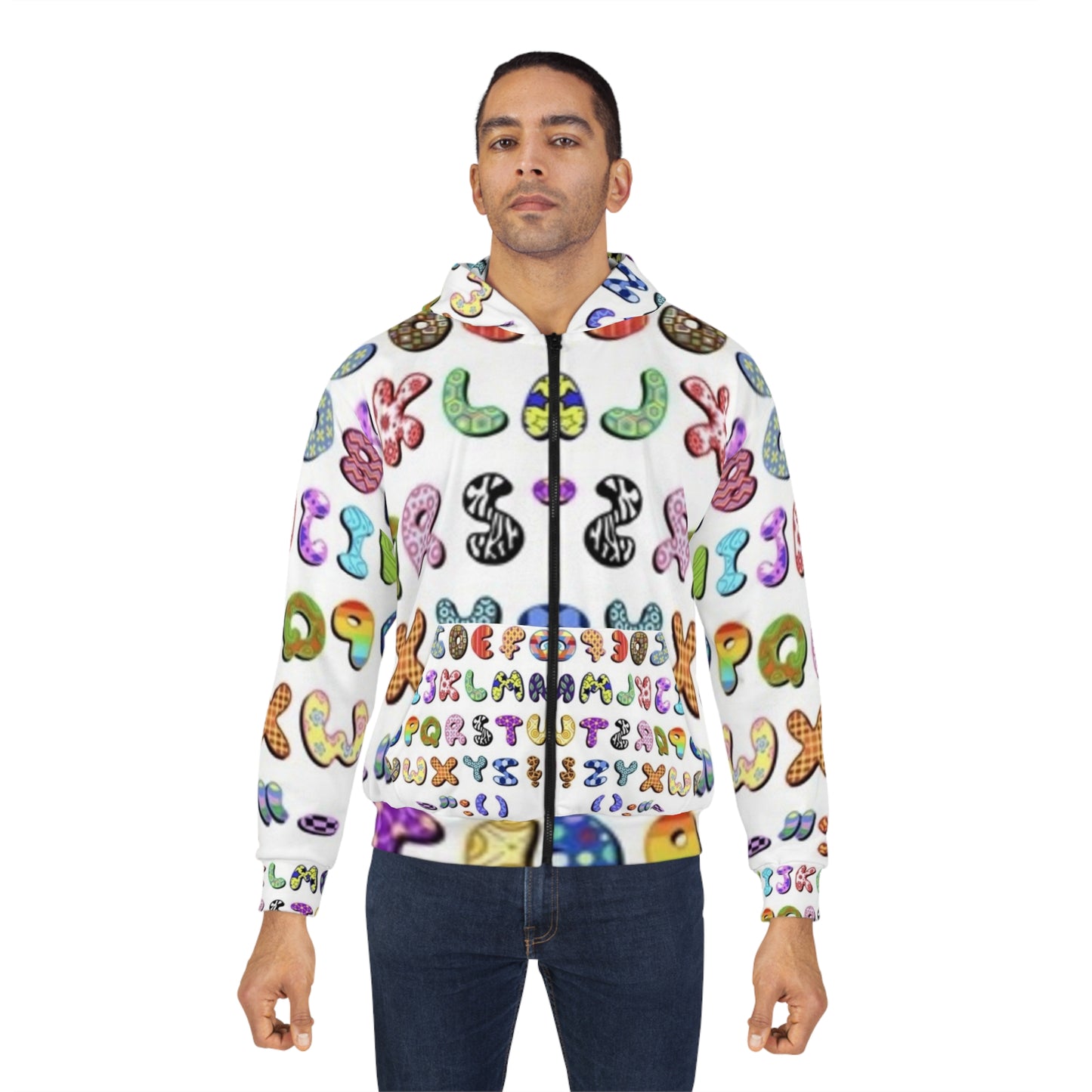 Colorful Alphabet Unisex Zip Hoodie - Fun & Playful Design for Kids and Adults