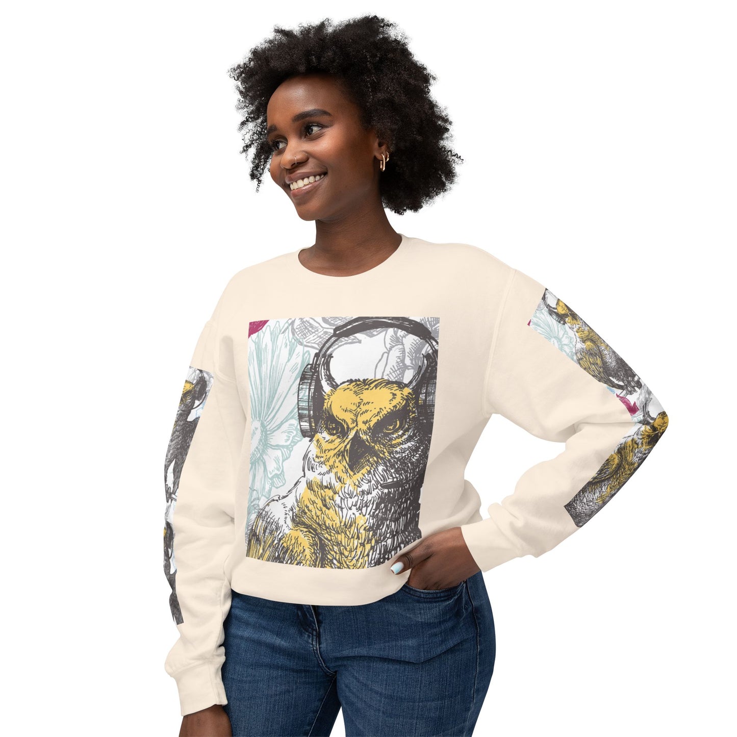 Music Lover's Owl Graphic Crewneck Sweatshirt - Unisex Lightweight Design