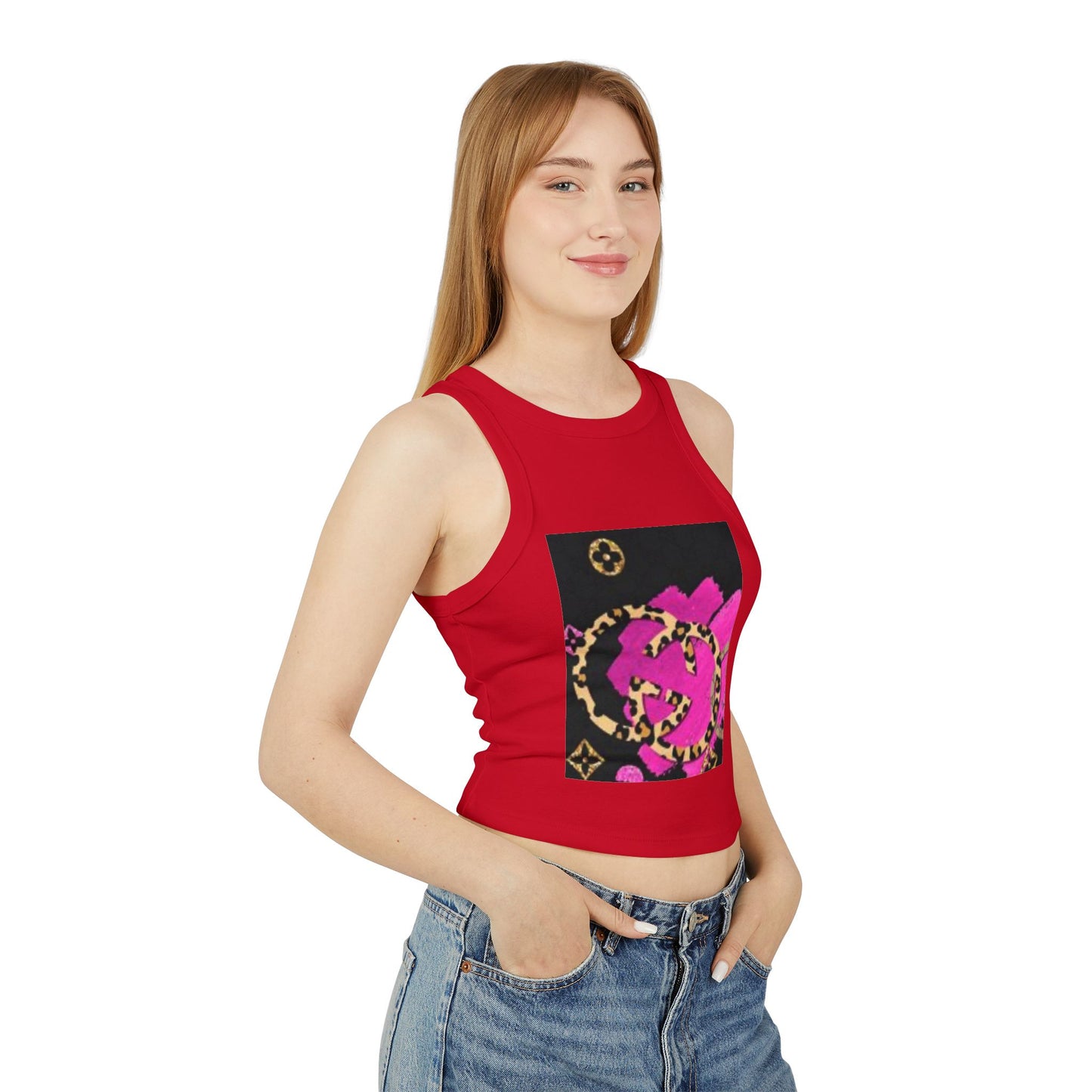 Chic Women's Micro Rib Racer Tank Top with Bold Graphic Print