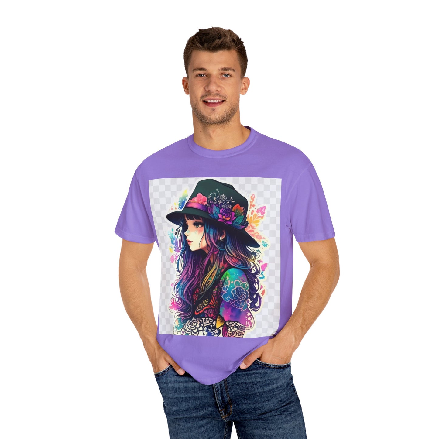 Vibrant Bohemian T-Shirt with Colorful Tattooed Girl Design