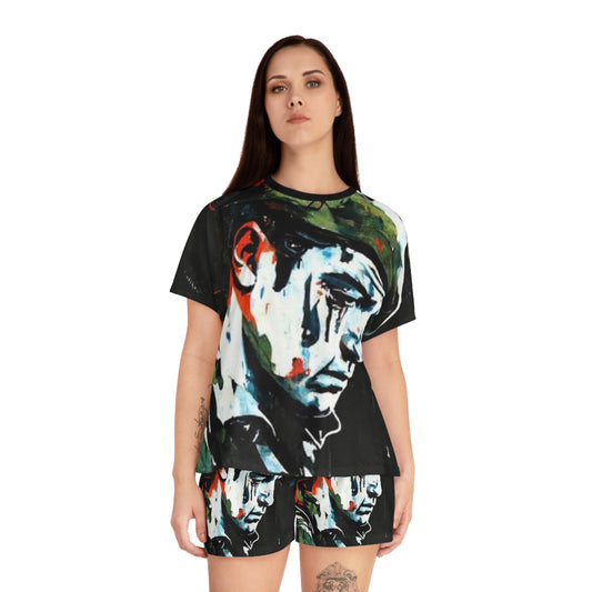 Artistic Women's Short Pajama Set - Emotional Portrait Design