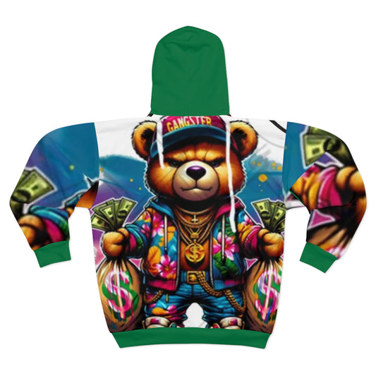 Gangster Bear Unisex Zip Hoodie - Floral Design & Money Bags