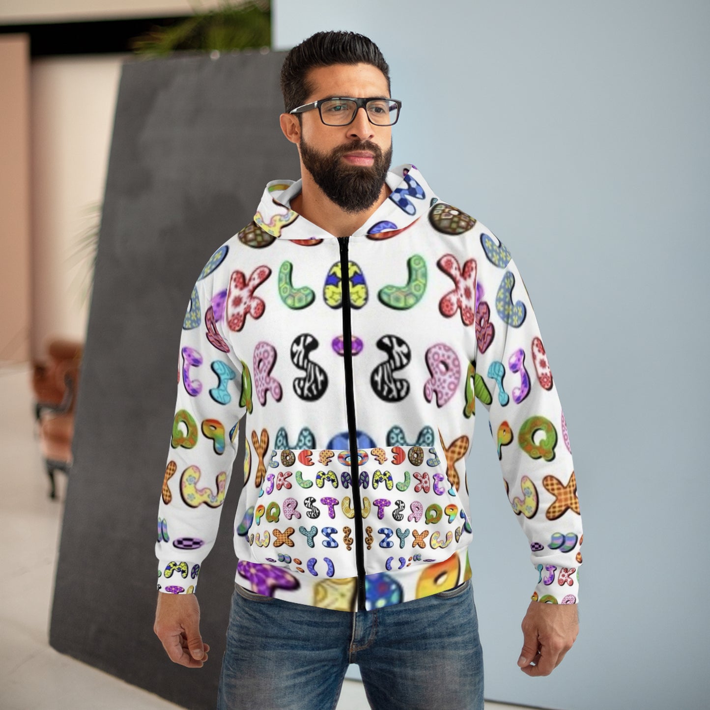 Colorful Alphabet Unisex Zip Hoodie - Fun & Playful Design for Kids and Adults