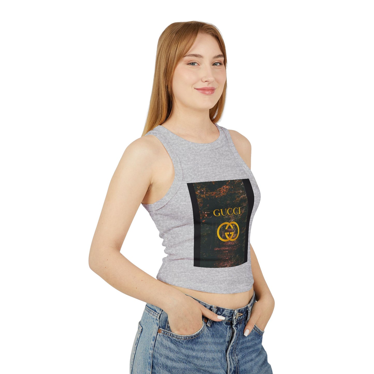 Trendy Women's Micro Rib Racer Tank Top with GUCCI Graphic - Casual Chic Style for Everyday Wear