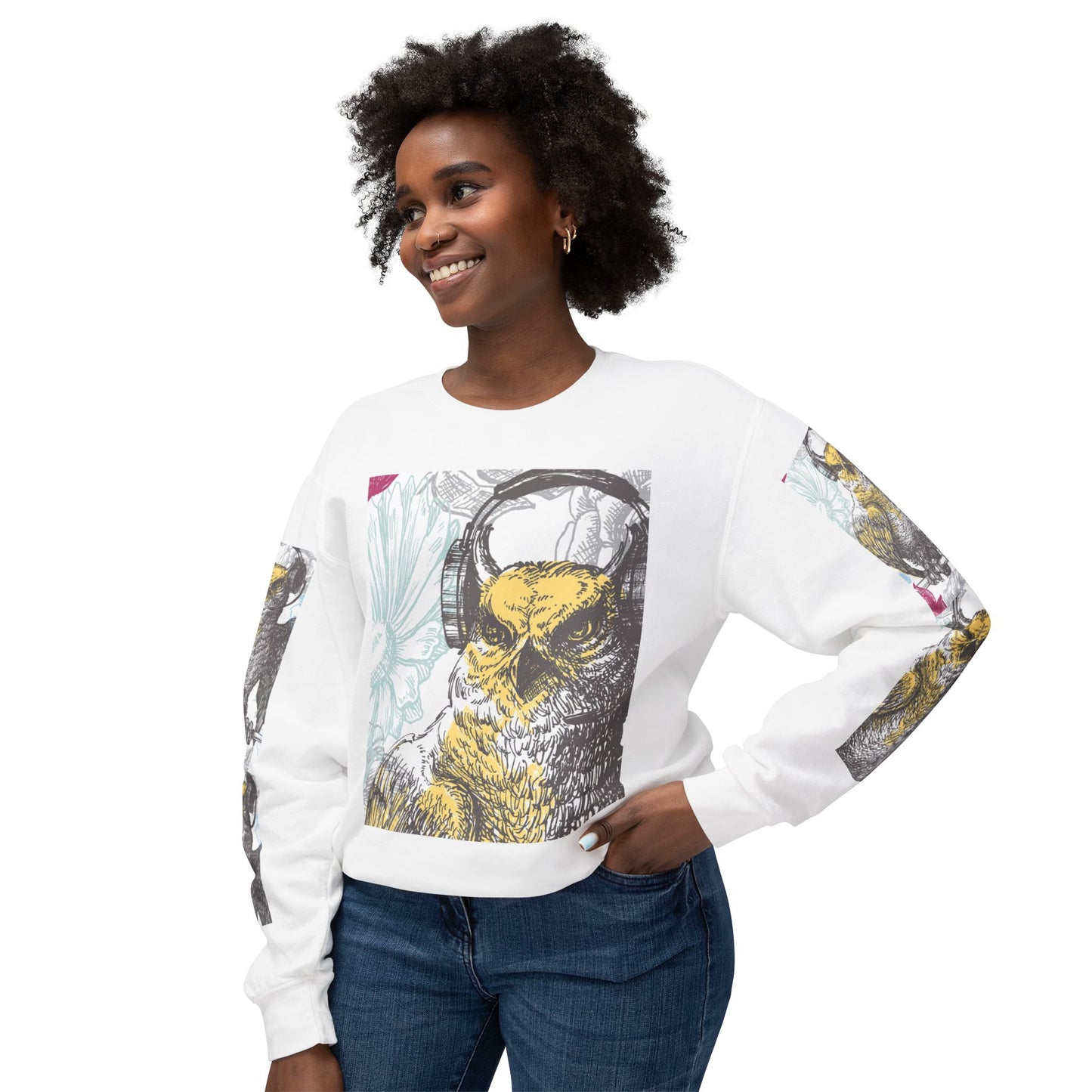 Music Lover's Owl Graphic Crewneck Sweatshirt - Unisex Lightweight Design