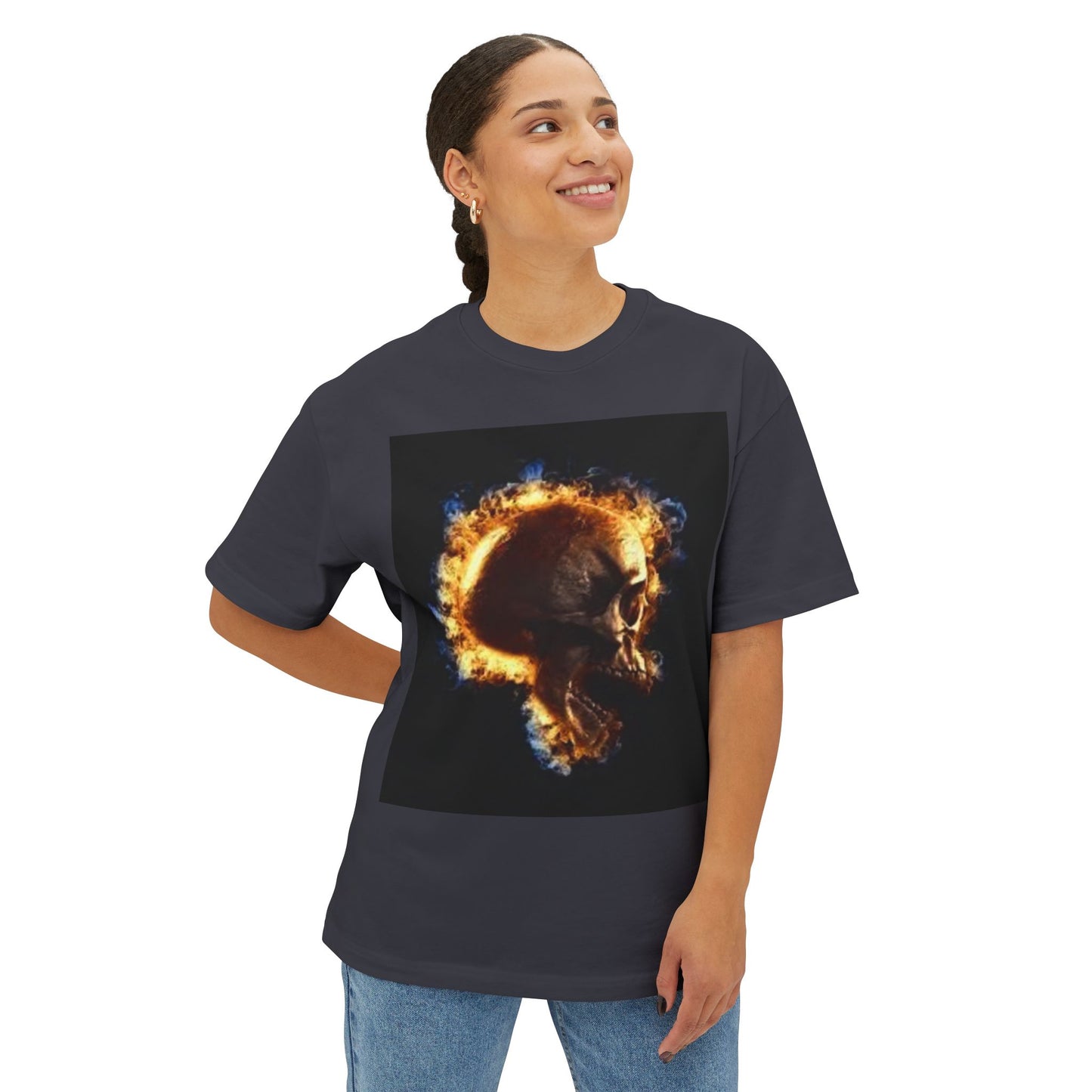 Burning Skull Oversized Boxy Tee - Unisex Graphic Tee for Bold Fashion Enthusiasts
