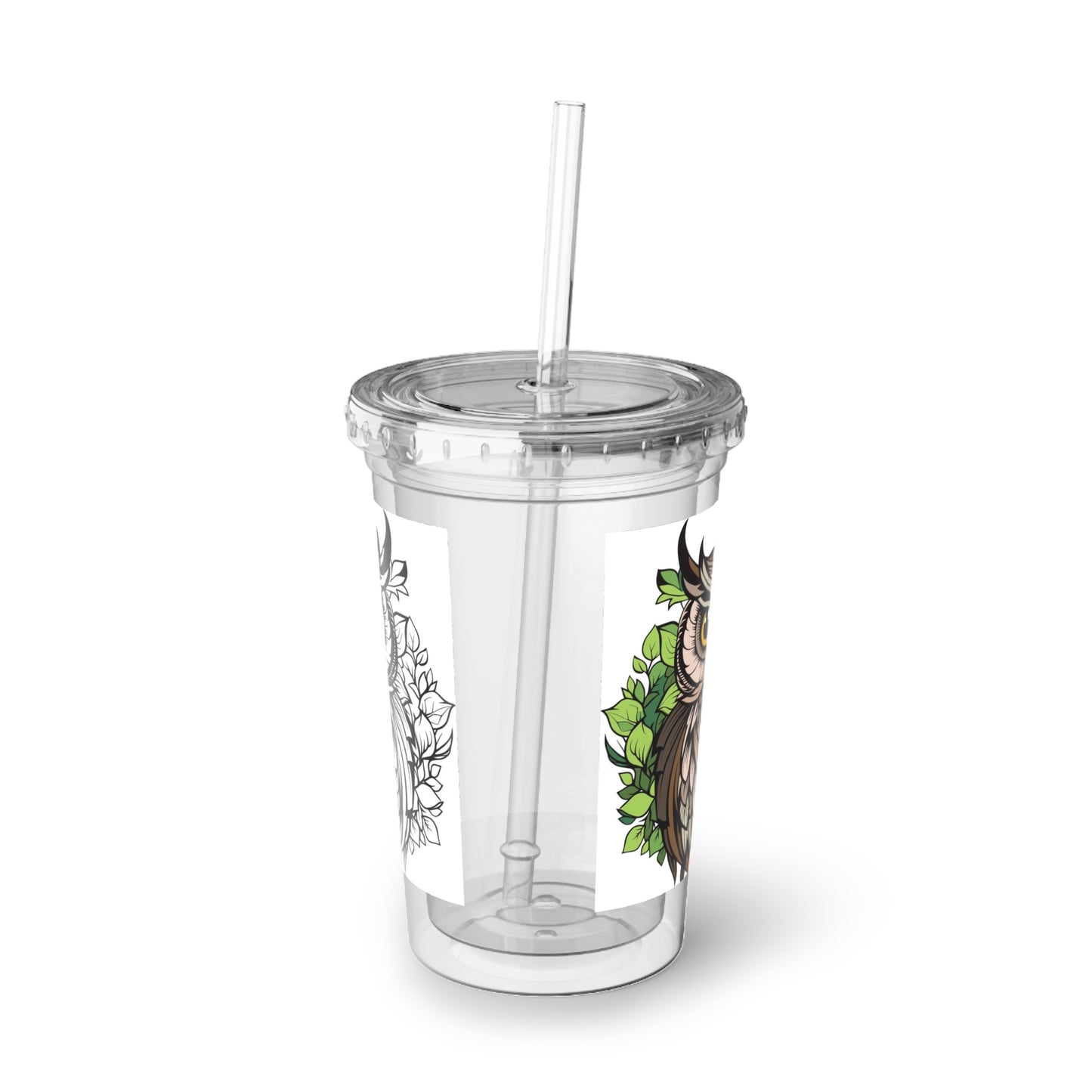 Owl Design Acrylic Cup with Straw - Eco-Friendly Travel Tumbler