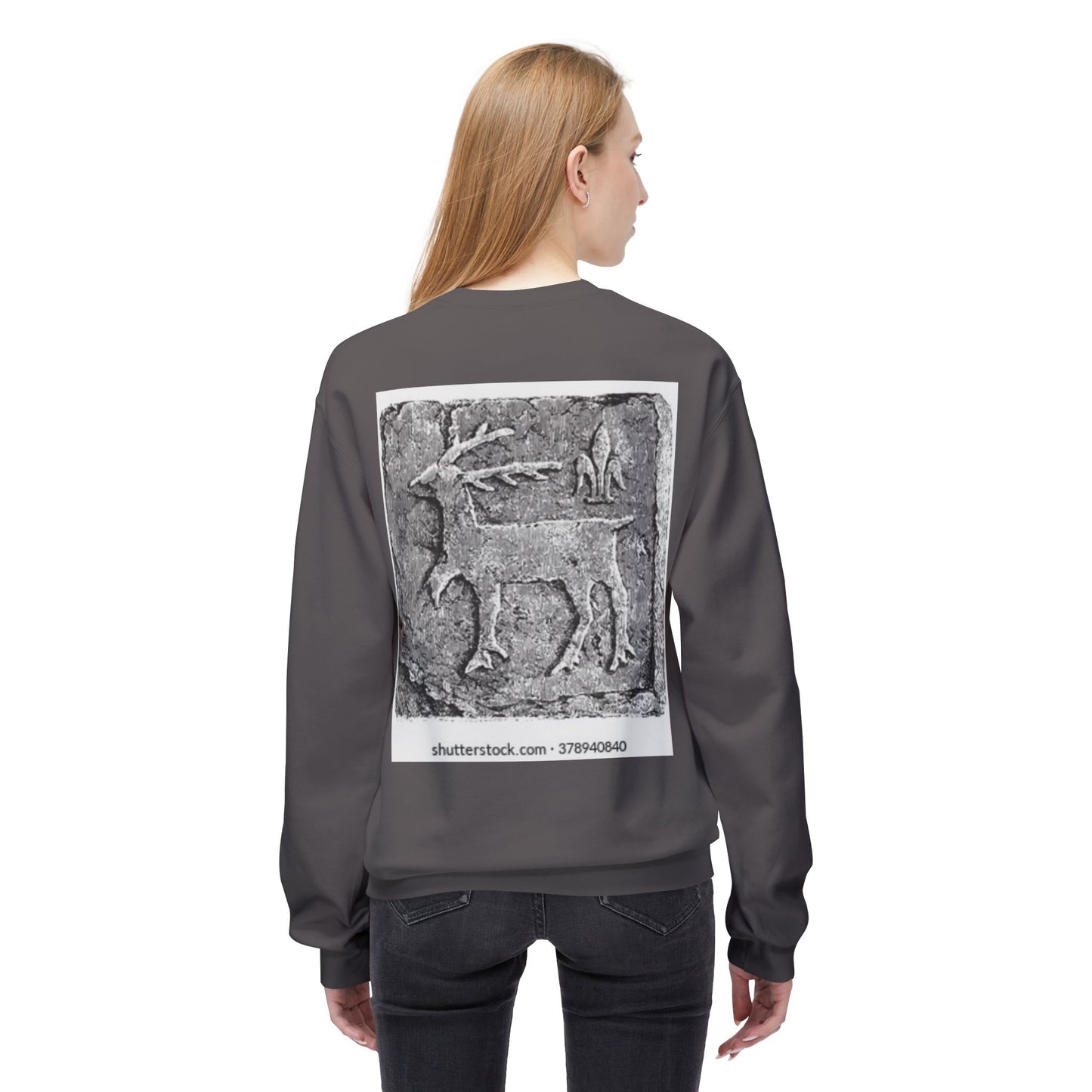 Vintage-Inspired Fleece Crewneck Sweatshirt with Ancient Deer Design